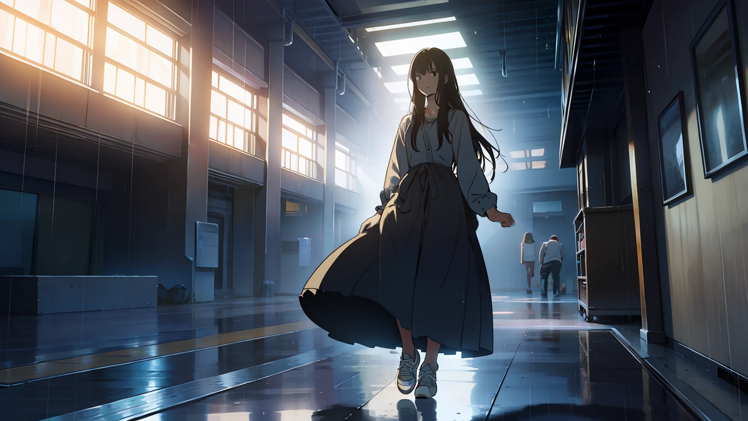 inside in room,A long-haired girl in a long dress,Canvas shoes on his feet,Footage of shoes wet by rain