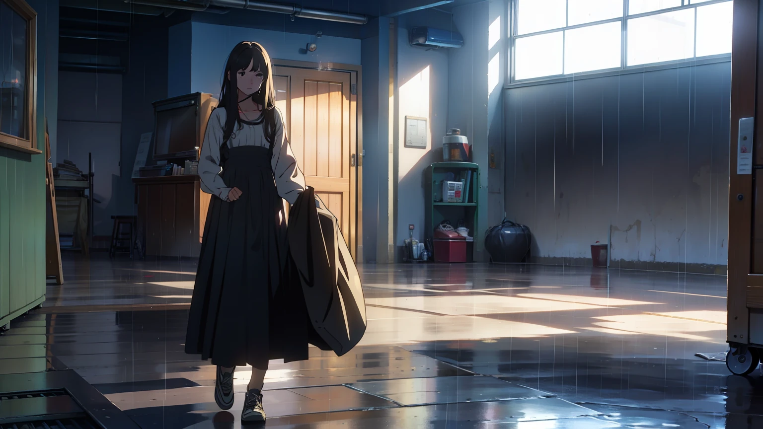 inside in room,A long-haired girl in a long dress,Canvas shoes on his feet,Footage of shoes wet by rain