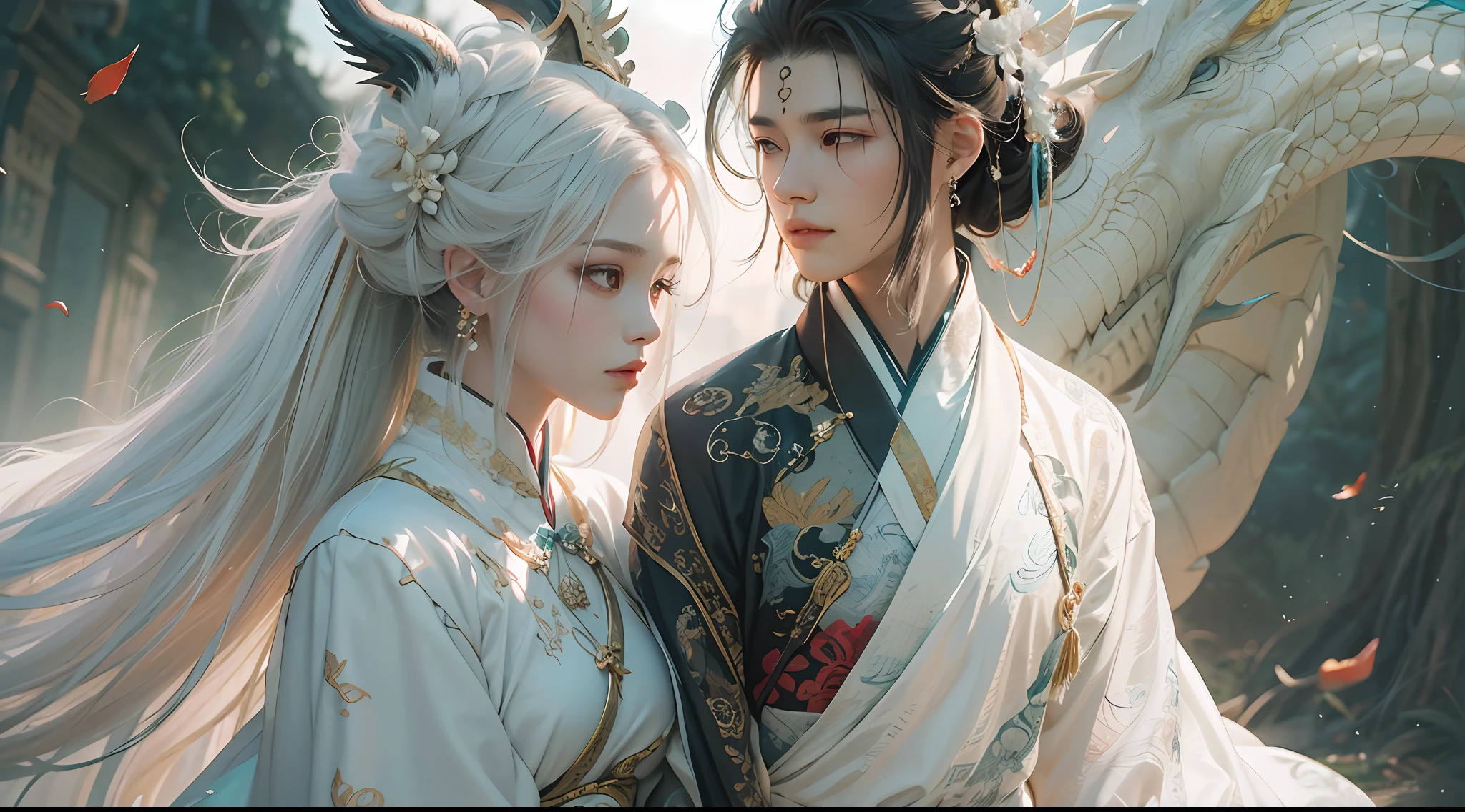 Close-up of a young couple wearing a white dragon dress on their heads,Chinese fantasy,beautiful digital artworks,Ross Tran 8 K,xianxia fantasy,Fenghua Bell,Chinese style,Dragon-inspired cloth robe,Ross Tran和Wlop,