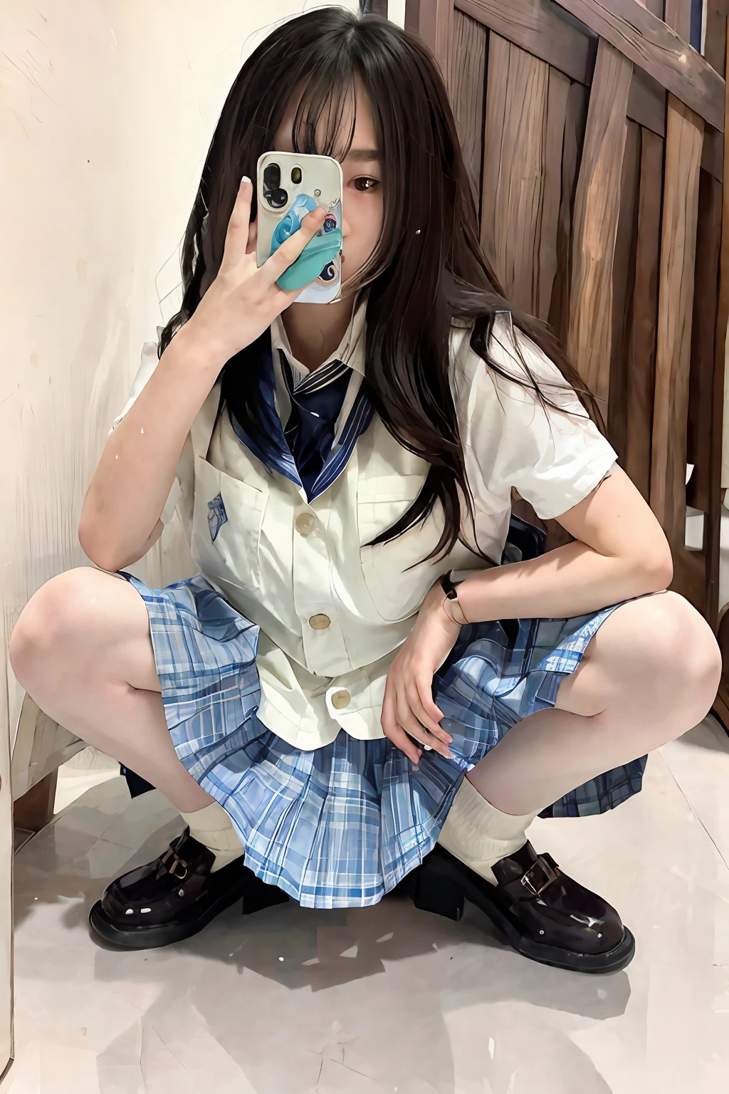 best quality, masterpiece, high res, 1girl, beautiful detailed face, squatting, school uniform,