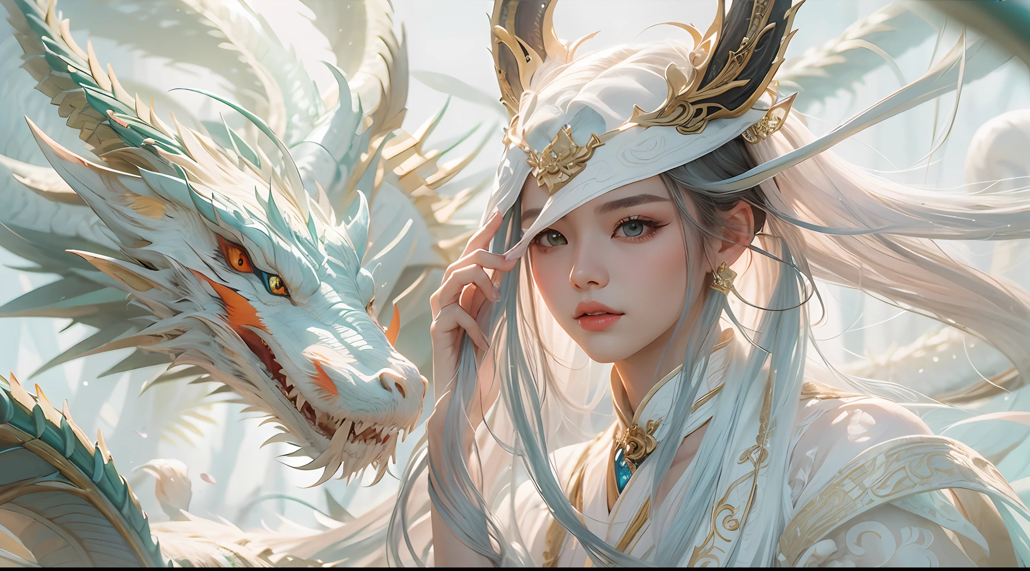Close-up of a young couple wearing a white dragon dress on their heads,Chinese fantasy,beautiful digital artworks,Ross Tran 8 K,xianxia fantasy,Fenghua Bell,Chinese style,Dragon-inspired cloth robe,Ross Tran和Wlop,