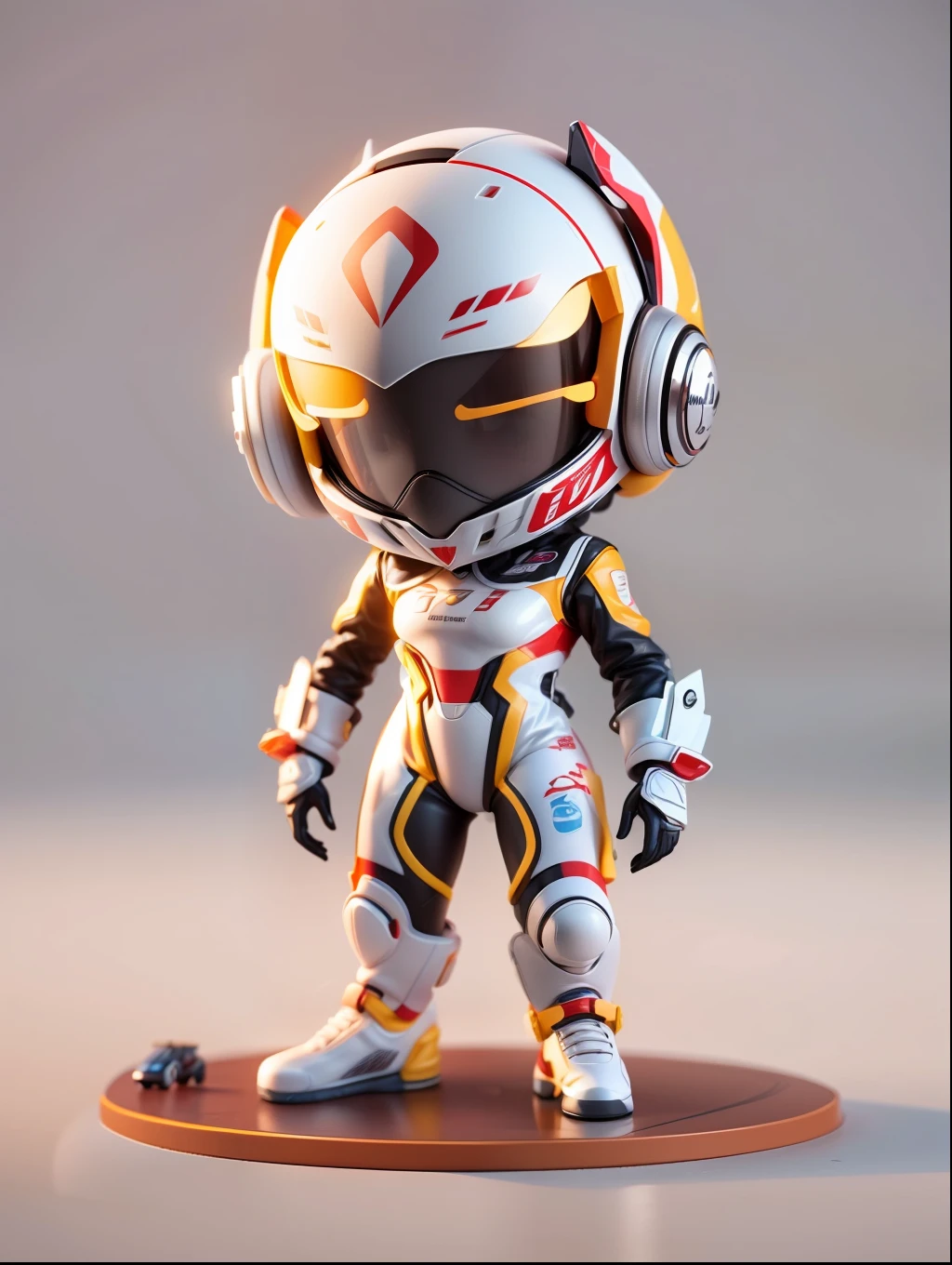"(Blind box toy style:1.2)(full bodyesbian),1 metal male racer:1.2,Opaque helmet:1.2,Delicate dirty racing suits:1.3,cyber punk perssonage,dreamy glow,Dirty,Clean white background,Red and yellow styles,(circular base:1.2),(Global illumination,Ray tracing, hdr, unreal render,reasonable design,High detail,Masterpiece,Best quality,hyper HD,Cinematic lighting)"