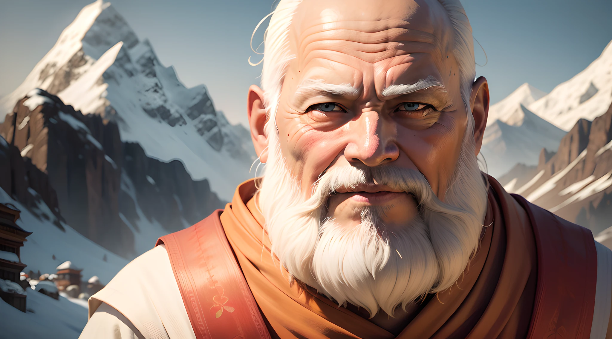 "Create a realistic image of an old monk, with a white beard with a happy expression on his face, wearing orange clothes, Shaolin Buddhist monk style, in the background of the image place high mountains with snow on their peak, the mountains are far away fading from view. The image must be highly realistic and of cinematic quality, with attention to detail in the face, particularly the eyes, nose and mouth."