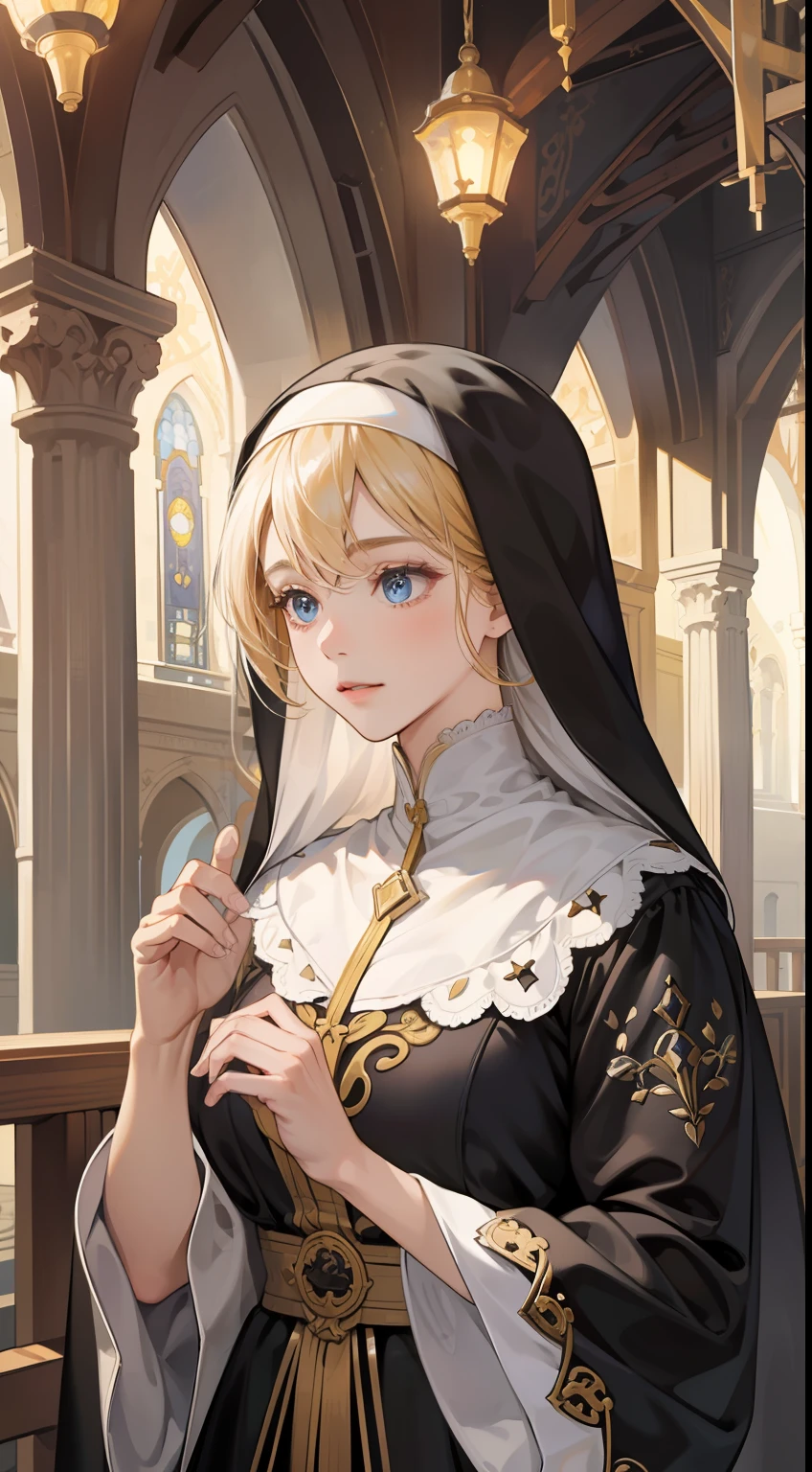 (absurderes,A high resolution,ultra - detailed),1girl,a matural female,whaite hair,long whitr hair,bluntbangs,eBlue eyes,White gold nun hijab,Black nun dress gold trim,longer sleeves,Delicate eyes and delicate face,Head down in prayer posture,intricately details,BREAK mosaic art,nub,Colored inlays、Intricate patterns、Tile design、Durable surface、The time-honored technique BREAK macro photography、Extreme close-up、Complicated details、enlarged textures、Amazing clarity、Hidden beauty、Immersive perspective BREAK 、Create by hand、Handmade products、unique design、Complicated details、Creative expression、exquisite craft,Bright cathedral of God,waxy candles