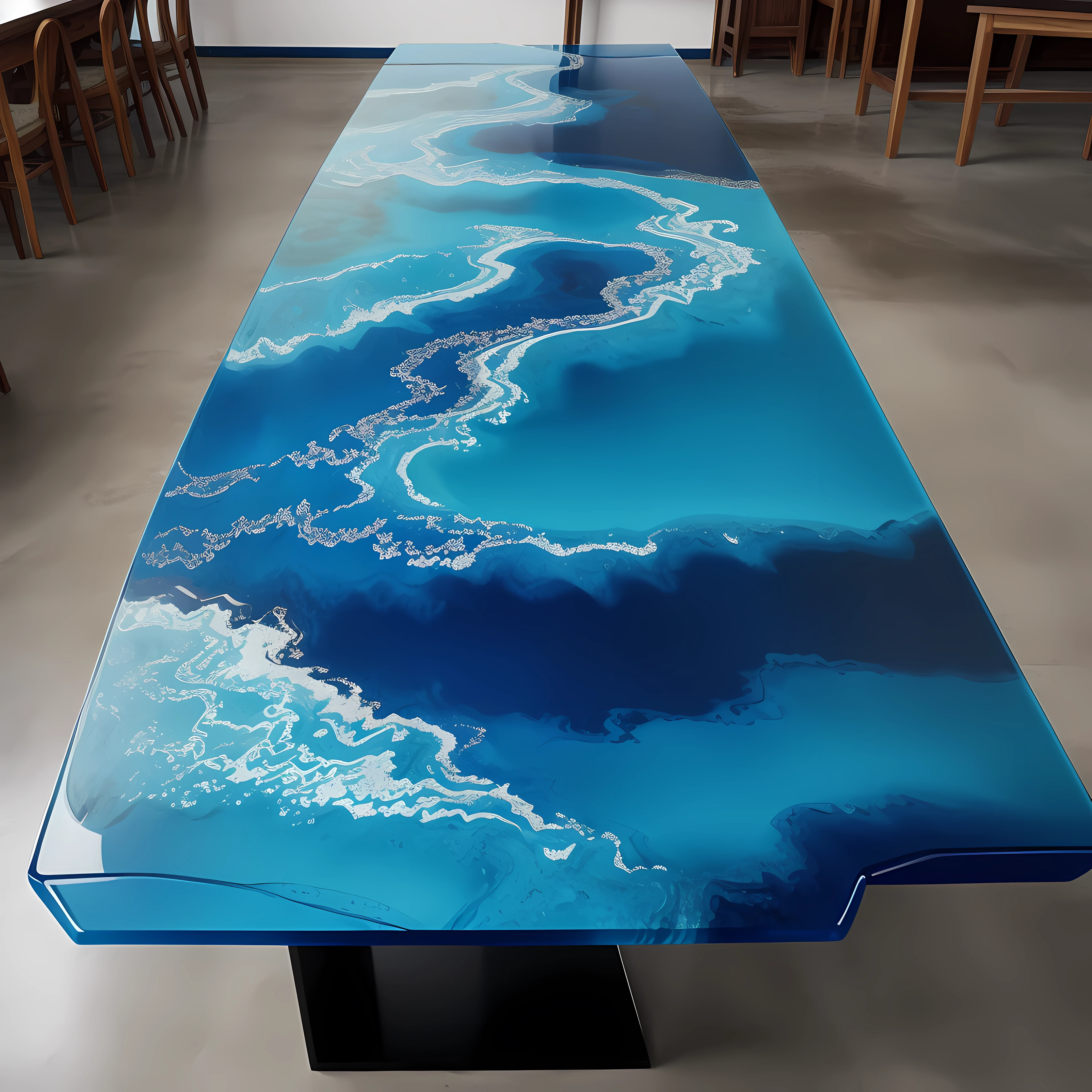 Solid wood table with blue epoxy, Ocean wave pattern, Used in the art of painting, epoxy resin, For epoxy resins, Epoxy fluid painting, Ocean shore splash effect,, intricate flowing paint, Epoxy casting, Liquid painting,Enlarge table corner details,The contrast between the thickness of blue resin and transparent resin is obvious