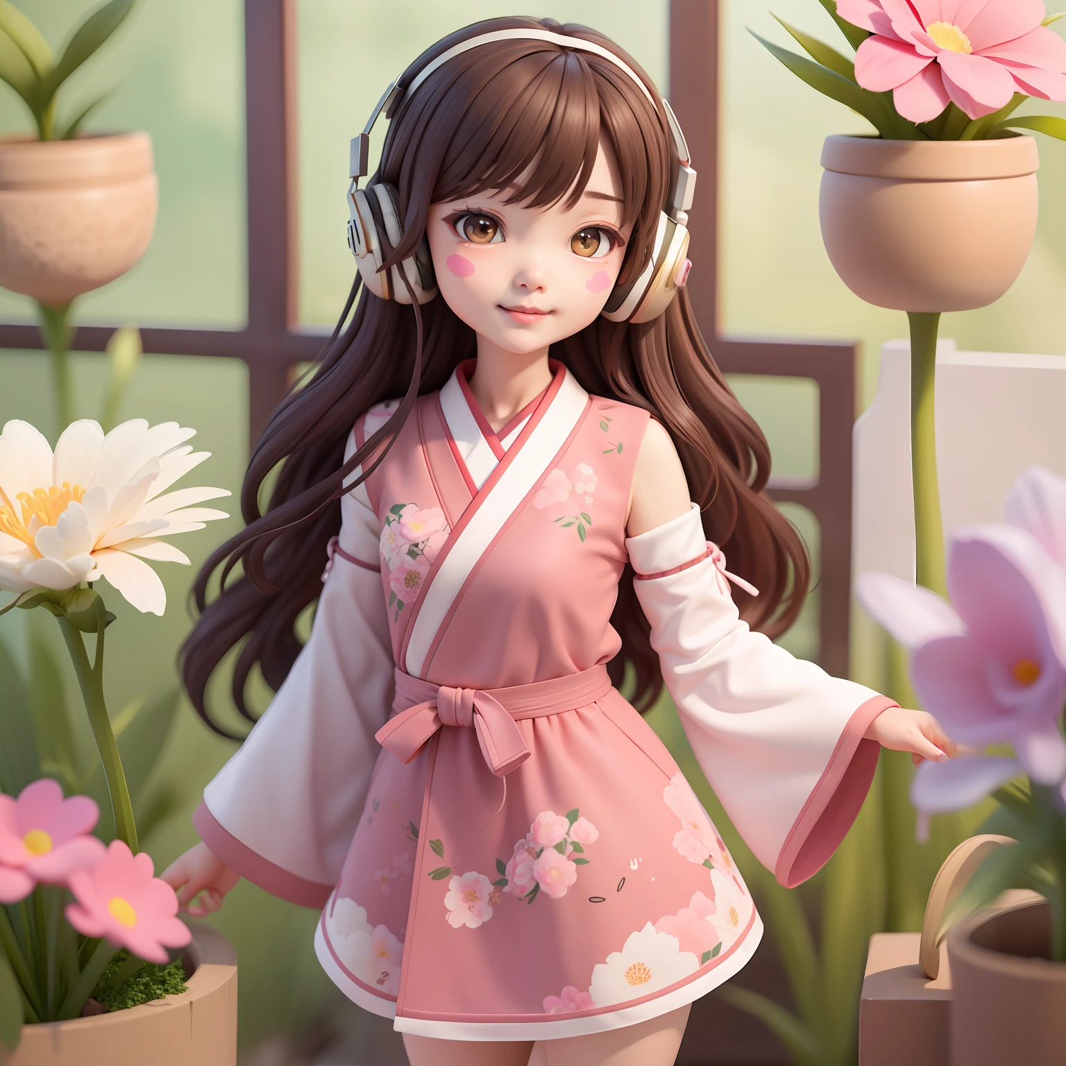 (Daisaku),(Need),(Super meticulous),(full bodyesbian:1.2),1girl,tchibi,adolable,ssmile,Open-mouthed,florals,inside in room,Manteau,Blushlush:3,The shirt,long whitr hair,florals,Blurred,A brown-haired,Blush stickers,longer sleeves,By bangs,Earphone,brunette color hair,pinkflower,(beautiful  detailed face),(美丽细致的眼睛),
