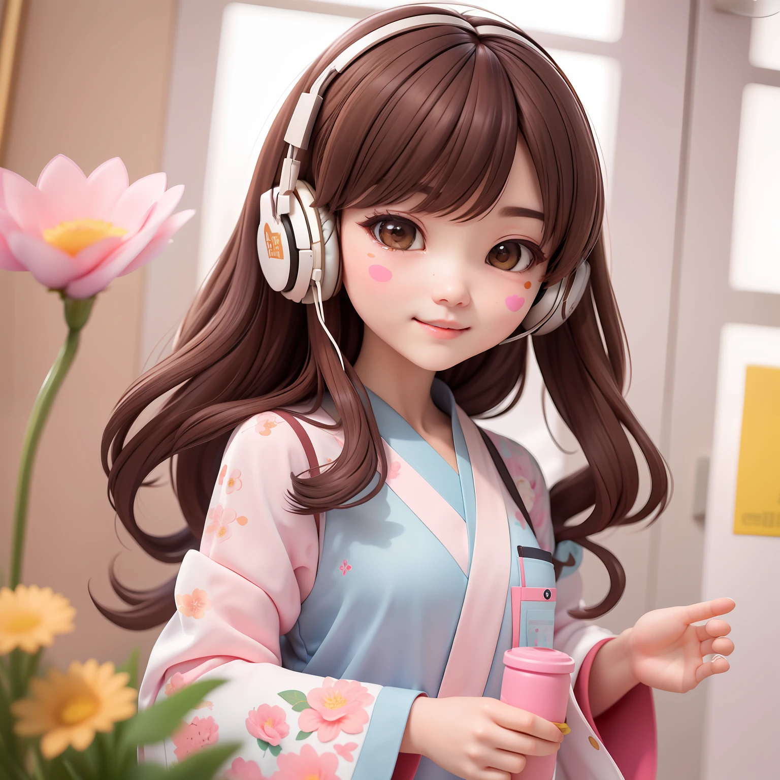 (Daisaku),(Need),(Super meticulous),(full bodyesbian:1.2),1girl,tchibi,adolable,ssmile,Open-mouthed,florals,inside in room,Manteau,Blushlush:3,The shirt,long whitr hair,florals,Blurred,A brown-haired,Blush stickers,longer sleeves,By bangs,Earphone,brunette color hair,pinkflower,(beautiful detailed face),(美丽细致的眼睛),
