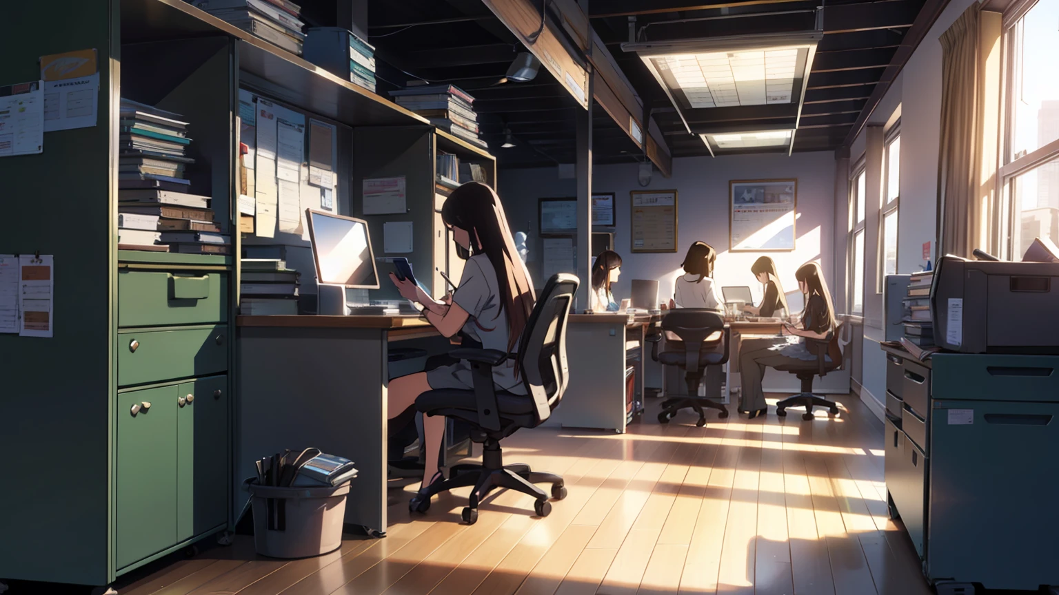 A long-haired girl,Wearing a long dress,Sitting at your desk,Footage of texting with a mobile phone