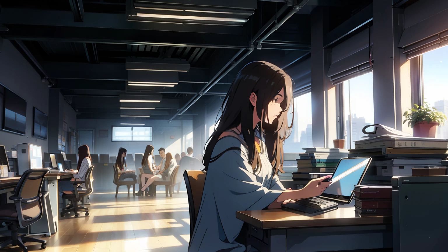 A long-haired girl，Wearing a long dress，Sitting at your desk，Footage of texting with a mobile phone