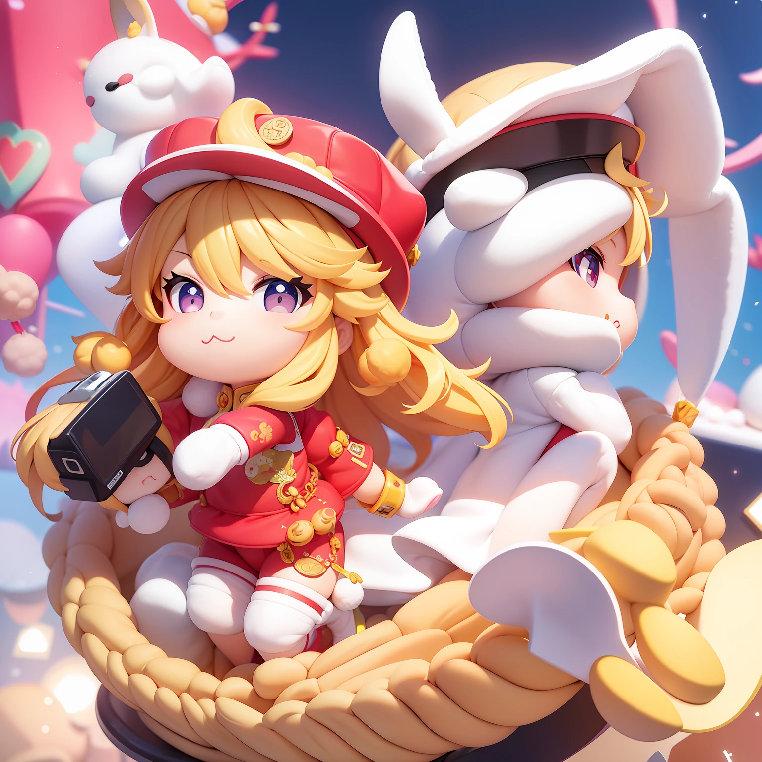 PopMart blind box IP, Chinese zodiac, super cute boy wearing rabbit shaped hat, technological elements, fashionable clothes, streamlined 3D/C4D production: 8K HD picture quality/lighting/ultra-fine lens depiction 1.5, flawless, chibi background/cinematic sense.