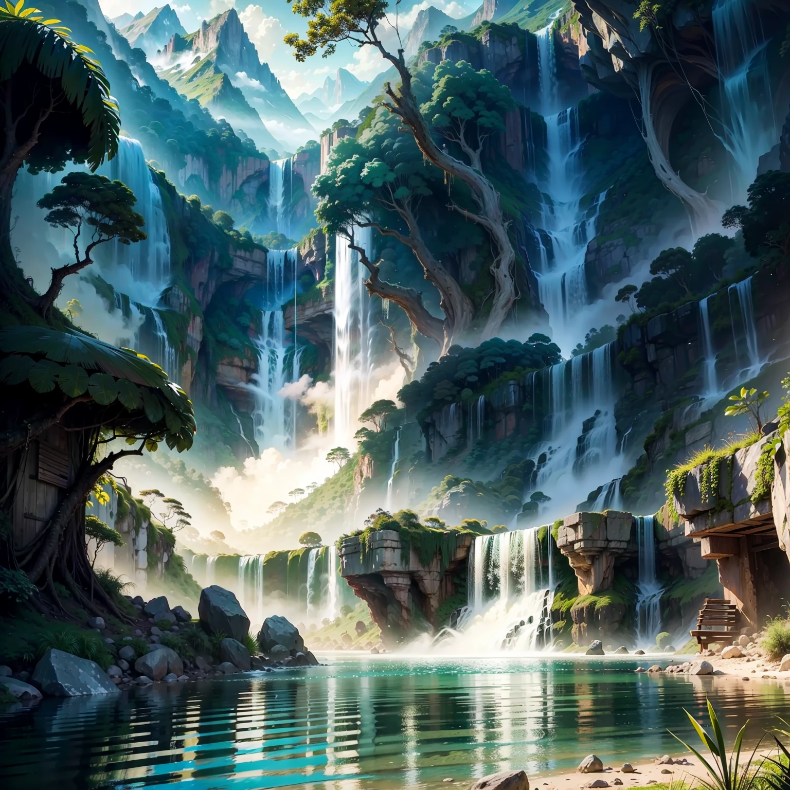 jungles,waterfallr,mountain ranges,riverbank