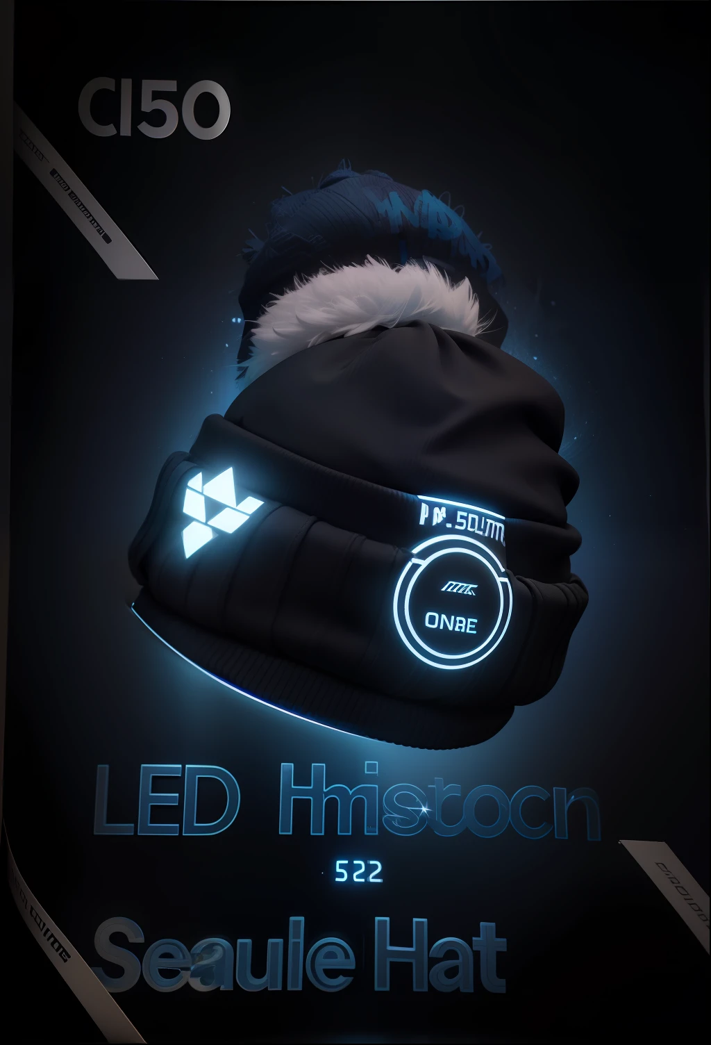 Product packaging diagram,Tech Style,Close-up of beanie with blue light, The font is conspicuous,Product photo, LED,LED light, product image, :5. Fashion, LED, product image, h 7 0 4, Blue-black, h 1 0 8 0, 2 0 2 3 fashion,No models