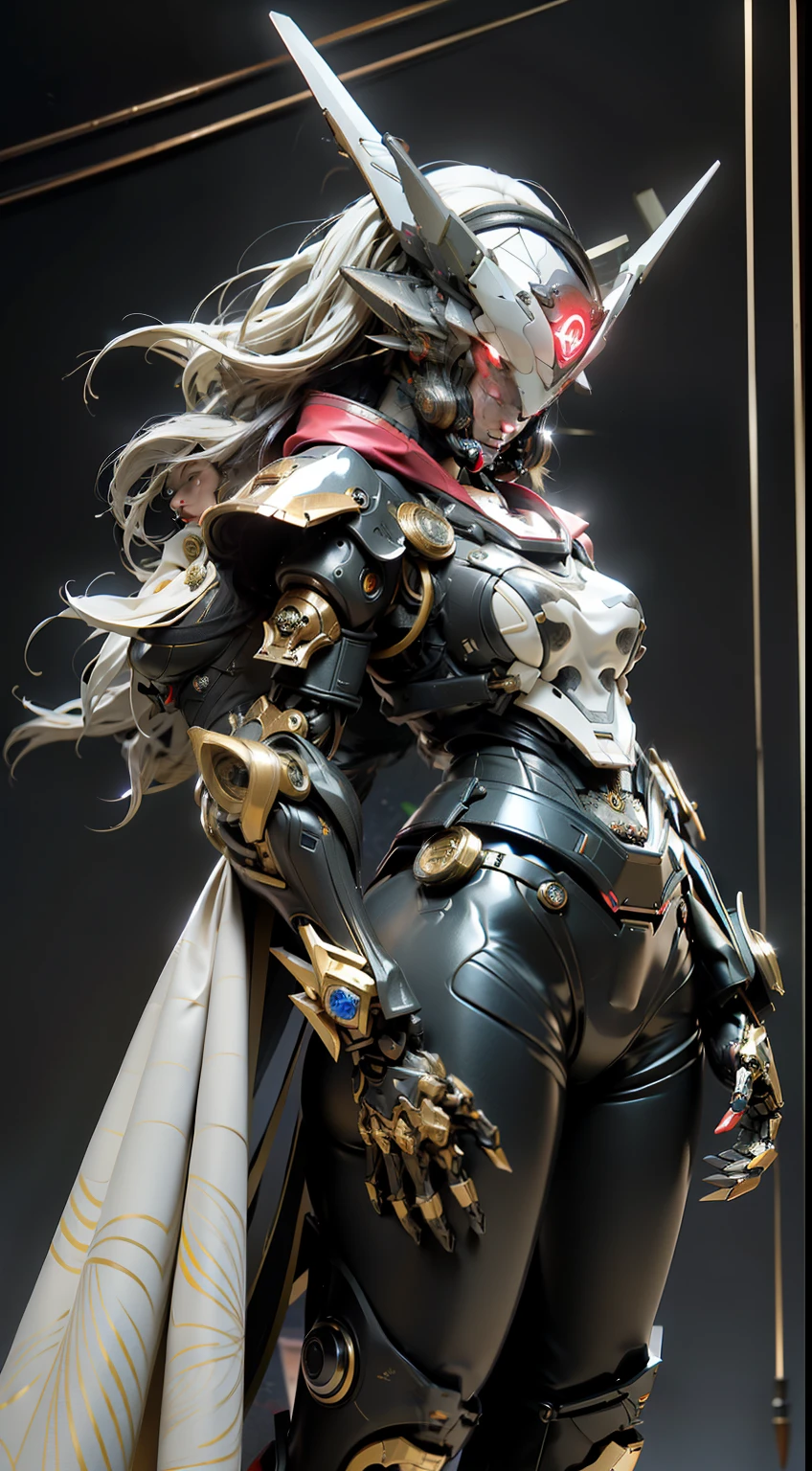 (Realistic: 1.2), (Realistic: 1.2), masutepiece, Best Quality, ultra-detailliert, very detailed illustration, Very detailed, intricate detailes, High resolution, Super Intricate Details, extremely detailed 8k CG wallpaper, (neons: 1.2), (Fiber optic body: 1.2), (Realistic metallic glow), cowboy lens, Caustics, Reflectors, Ray tracing, Devil theme, ((Silver and red body,Red body)),Kamen Rider,Gundam,nebulas, Metal heroine, Network Effects, (1 girl: 1.4), Solo, Alone, Mechawood Sumui, Mechanical parts, Robot joints, Single robot arm, Head dress, Mechanical halo, Star Halo, Complex mechanical tights, mecha corset, Kimono, fully armoured, Red Eyes, Glowing eyes, Eye Track, Random expressions, Random movement, ancient japanese architecture, Ponds, Starry sky, sky line, (( Colossal tits:2.7, low cut,bigtits,Accentuated cleavage,sideboob barbosa,perfectly proportions,Sensual female body,Overhanging udder)),城市,nighttime scene,(((Sensual female body:2.8,Overhanging udder、Sensual female body:2.8,Overhanging udder:1.5)))、((More feminine body:1.6))