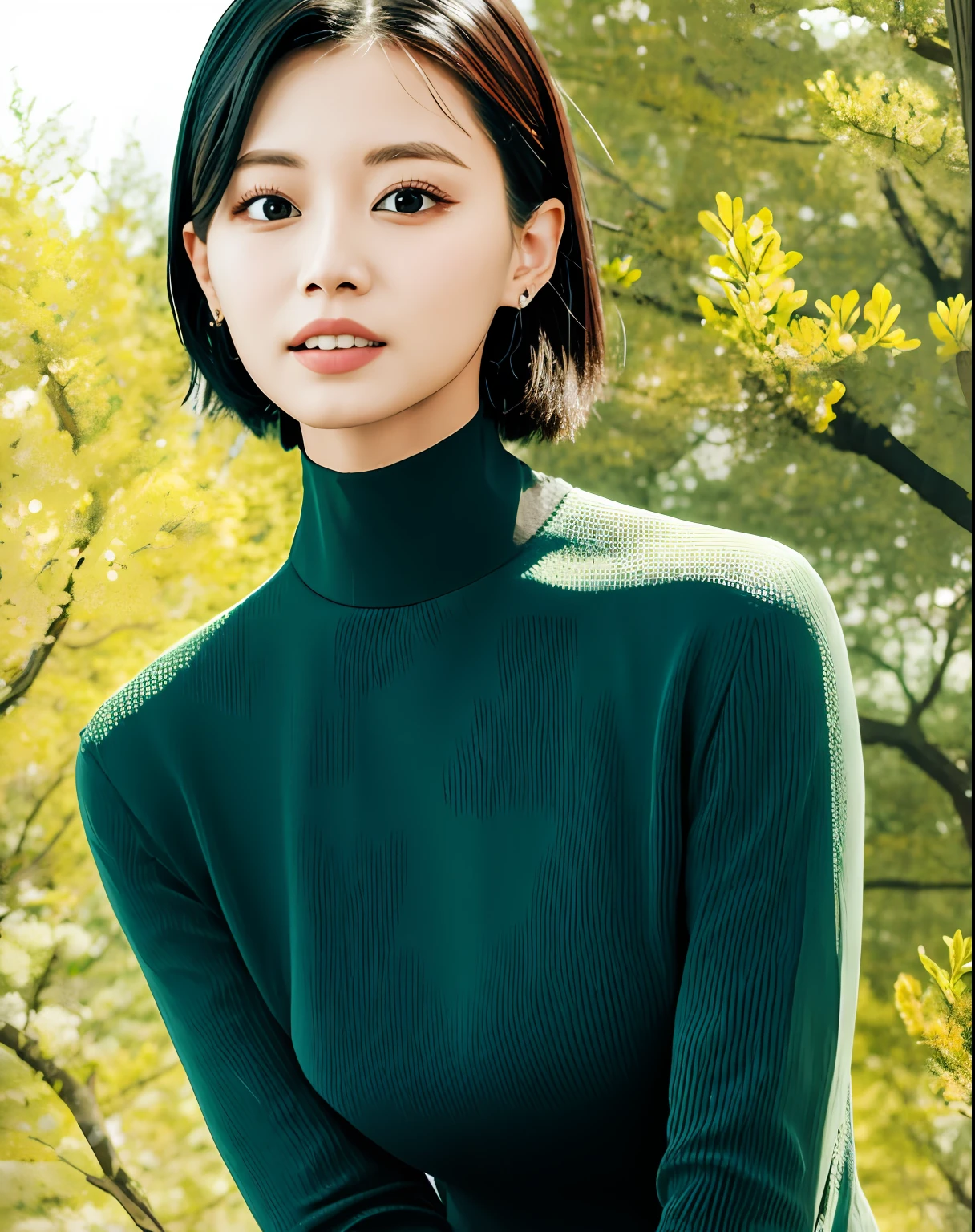 a woman with a black turtle neck top and a green background with trees and bushes behind her, looking at the camera, highres, highly detailed, (ulzzang-6500-v1.1:0.2)