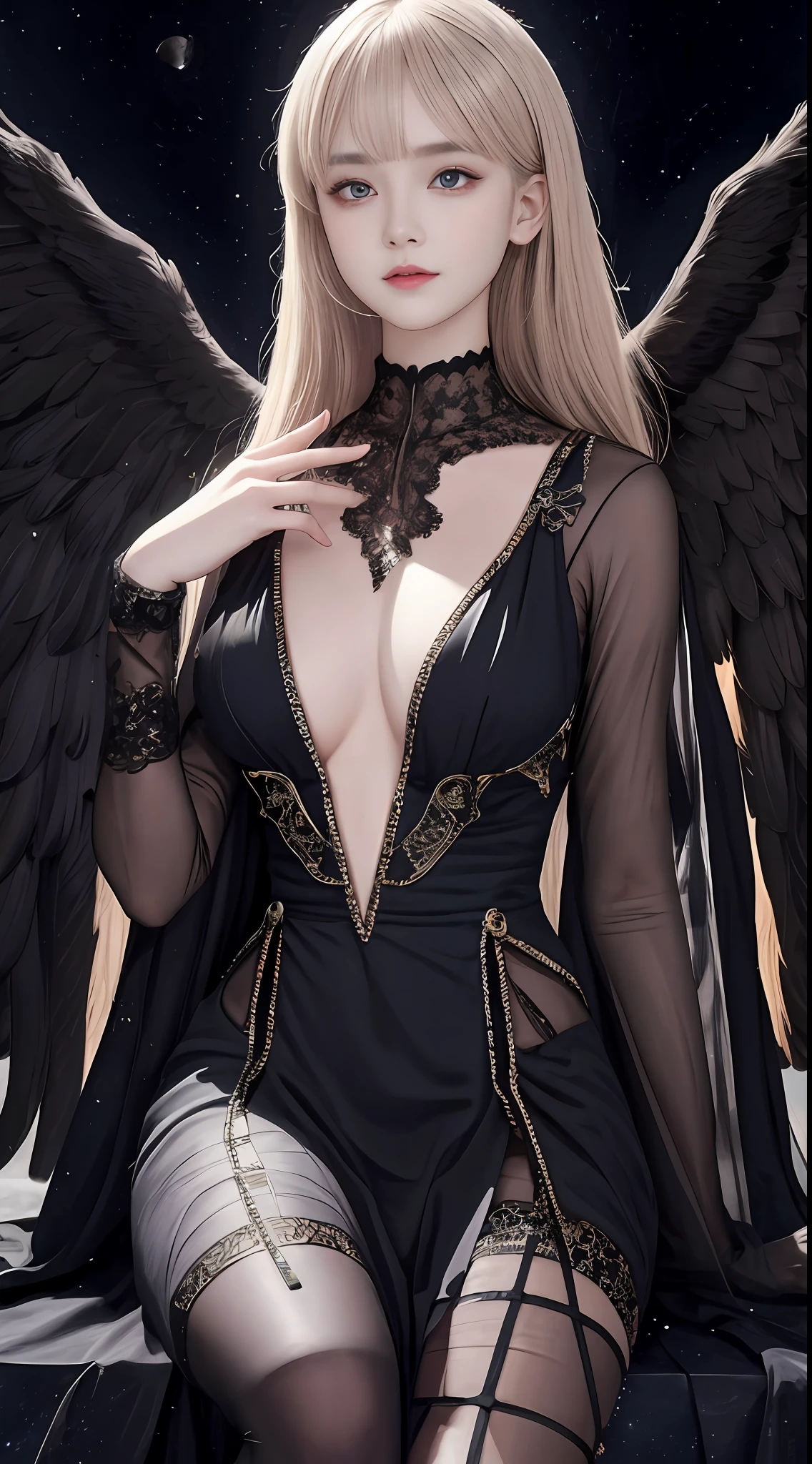 Ultra-realistic 8K, perfect face, perfect, clean, masterpiece, professional artwork, famous artwork, perfect face, beautiful face, beautiful eyes, black cleric suit, lace, open brests, beautiful black clothes, black wings, delicate pattern,sitting pose, Fascinating, galactic space background, big moon in the back, flapping wings