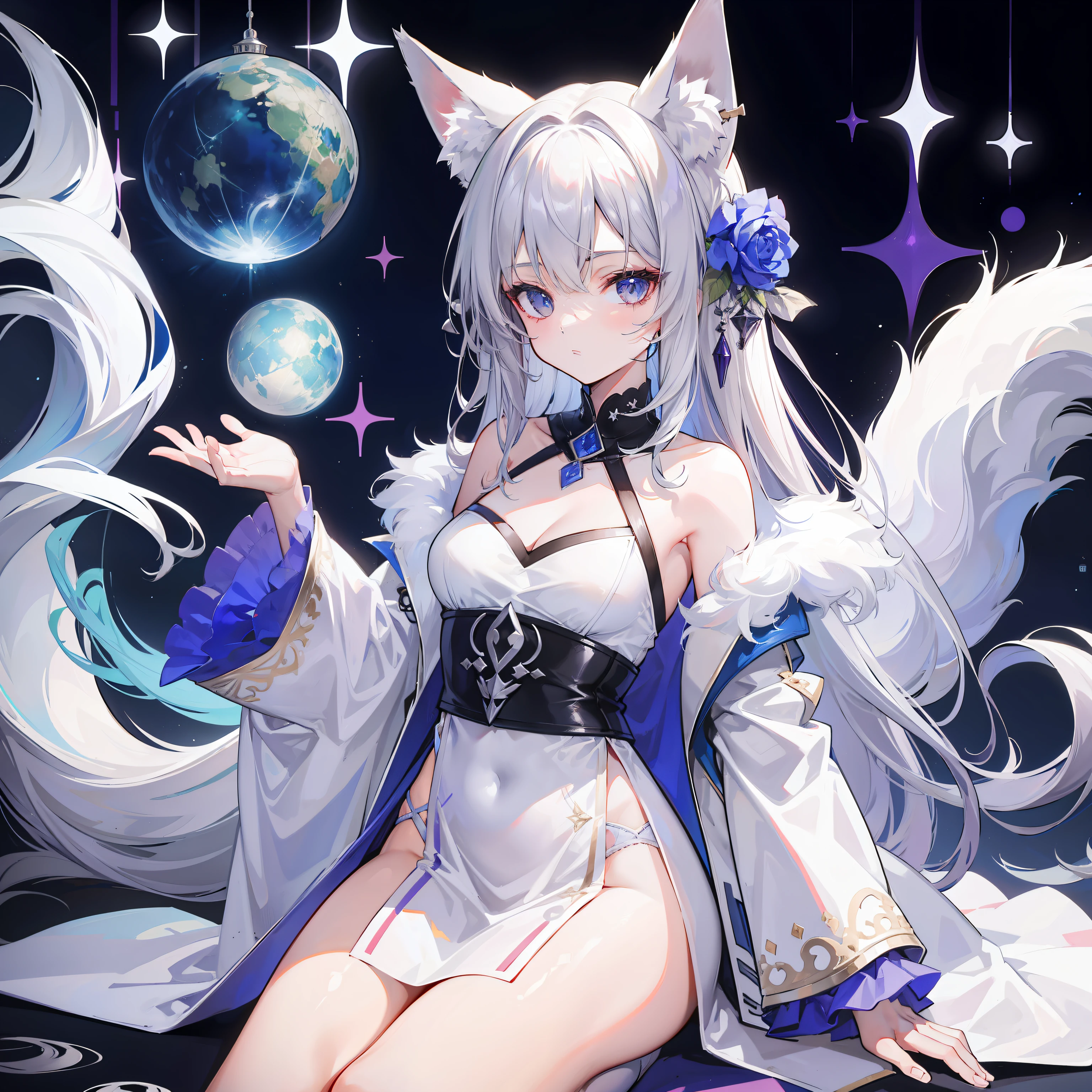 a pregirl，silber hair，sofe，fox ear，robe