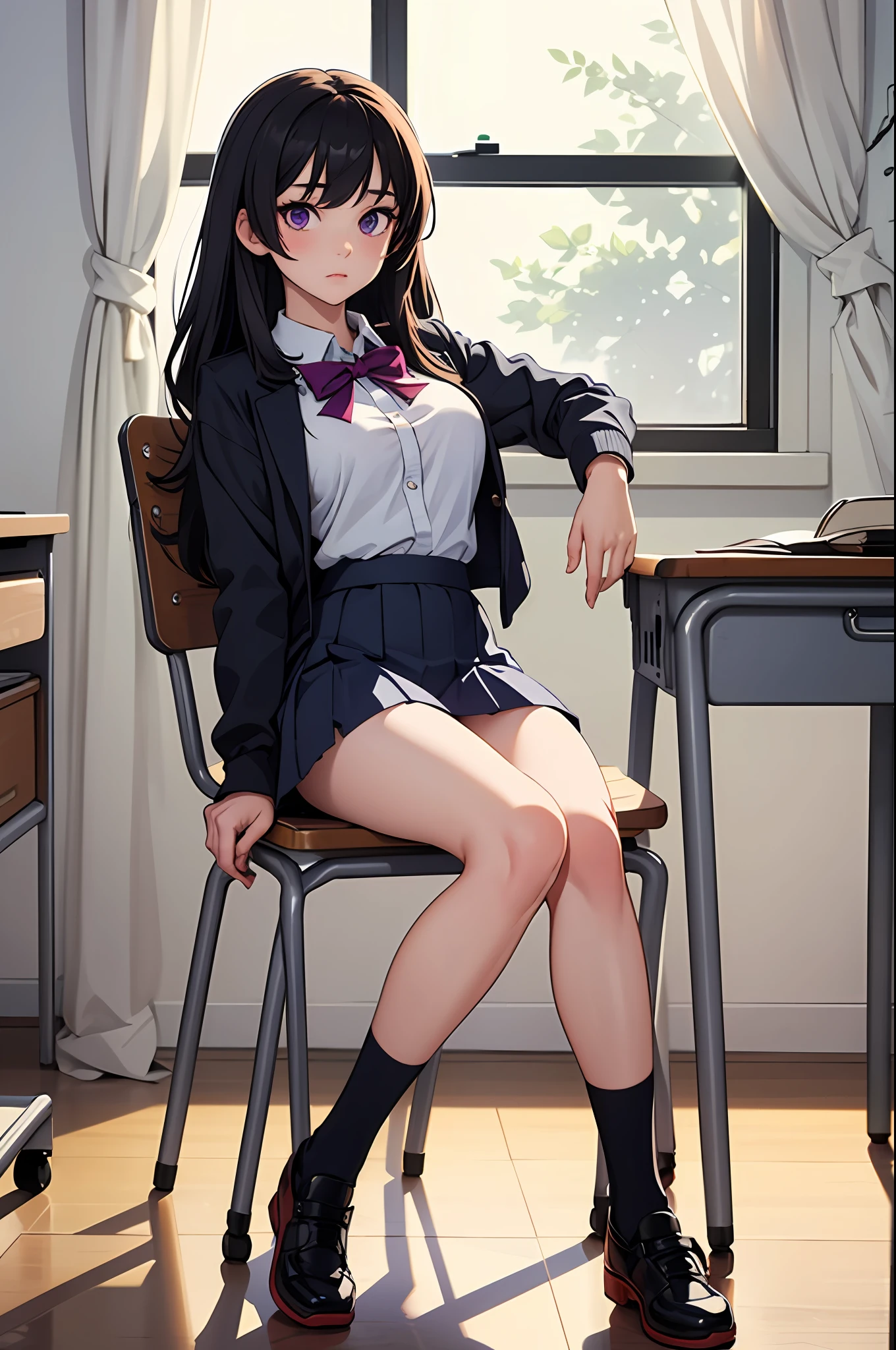 masterpiece, best quality, highres, 1girl, solo, high school uniform, skirt, bare legs, matching shoes, looking at viewer, empty classroom, soft lighting, black hair, purple eyes, medium breasts, long hair, sitting in a chair, full body, hair down, cool