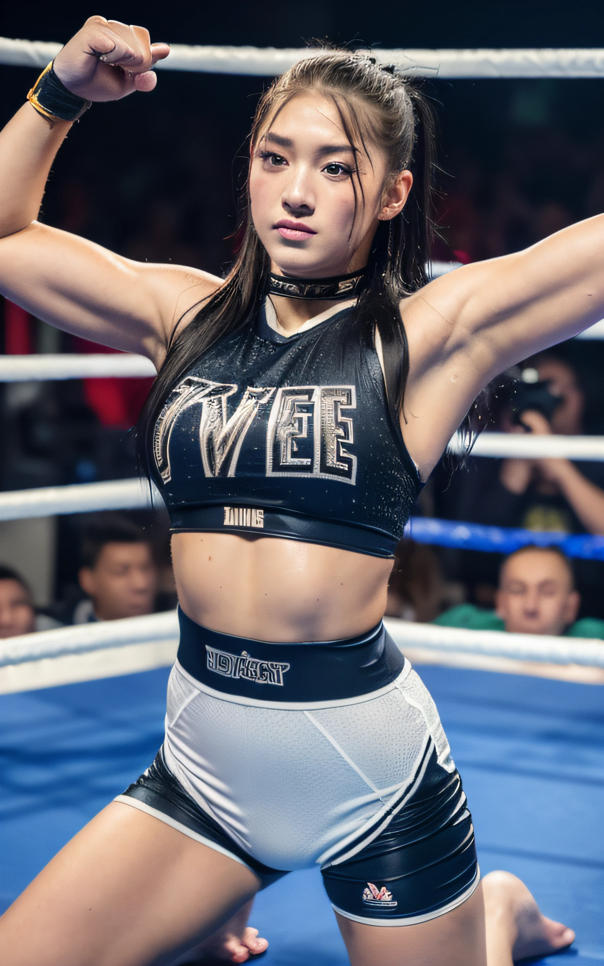 ((Top quality, 8K, Masterpiece: 1.3)), Sharp: 1.2, Perfect body beauty: 1.4, Slim abs: 1.2, ((Layered Hair Style, Big: 1.2)), Wet: 1.5, Highly detailed face and skin texture, Detailed eyes, Double eyelids, Aspect Looking at Camera, Black Hair Shortcut, Fighting, Bullish, (musculature: 1.4), Sweat, (professional wrestling: 1.2), Full body shot, fightingpose, Portrait of a babes wearing a college wrestling vest, Blonde, Punch