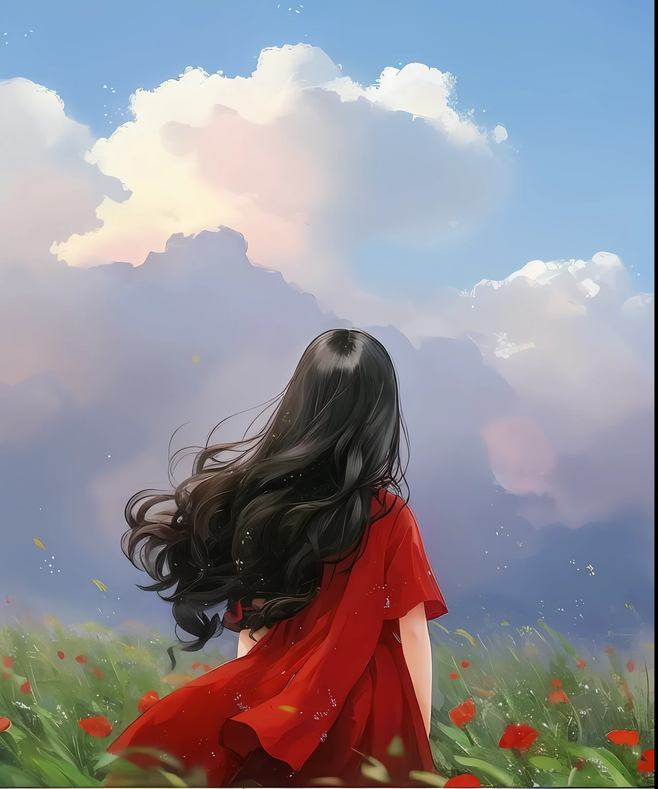 pintura de uma mulher em um vestido vermelho caminhando por um campo de flores, Directed by: Zou Zhe, por Li Song, pintura de bonito, por Xie Sun, Directed by: Ju Lian, por Ye Xin, por Mei Qing, Directed by: Cheng Jiasui, Directed by: Gao Fenghan, Directed by: Ni Duan, por Xie He, por Yang J, Directed by: Zeng Jing