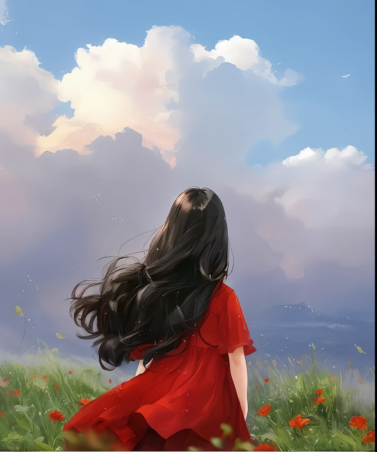pintura de uma mulher em um vestido vermelho caminhando por um campo de flores, Directed by: Zou Zhe, por Li Song, pintura de bonito, por Xie Sun, Directed by: Ju Lian, por Ye Xin, por Mei Qing, Directed by: Cheng Jiasui, Directed by: Gao Fenghan, Directed by: Ni Duan, por Xie He, por Yang J, Directed by: Zeng Jing