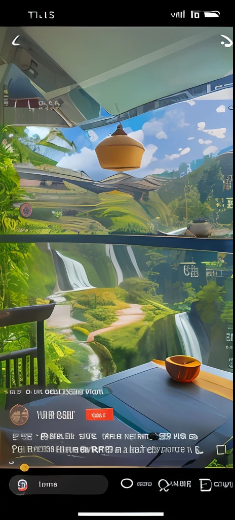 There is a table，There was a cup of tea on top，stunning nature in background, very close to real nature, instagram photo amazing view, next to a waterfall, with waterfalls and river, waterfall in background, Beautiful place, Amazing view, sichuan, with trees and waterfalls