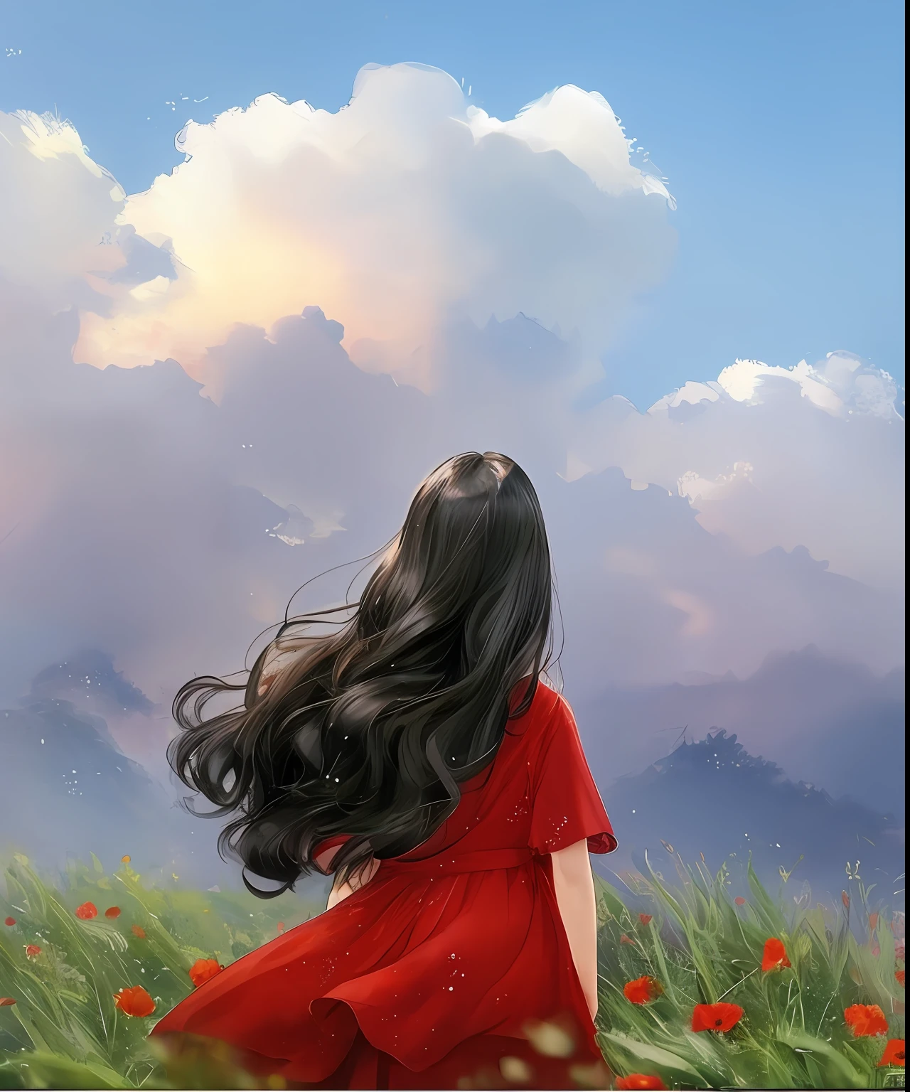 pintura de uma mulher em um vestido vermelho caminhando por um campo de flores, Directed by: Zou Zhe, por Li Song, pintura de bonito, por Xie Sun, Directed by: Ju Lian, por Ye Xin, por Mei Qing, Directed by: Cheng Jiasui, Directed by: Gao Fenghan, Directed by: Ni Duan, por Xie He, por Yang J, Directed by: Zeng Jing