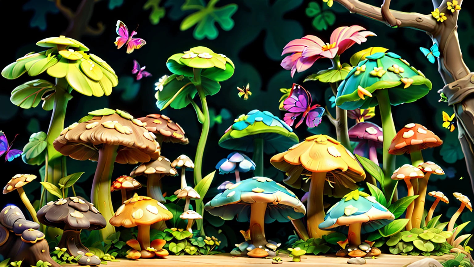 Mushroom forest,butterflys,lotuses,four-leaf clover,Cyber Mushroom Forest,Ultra-detailed digital fantasy art。Mushrooms are everywhere in the picture,The unique mushroom shape creates a magical casa scene
