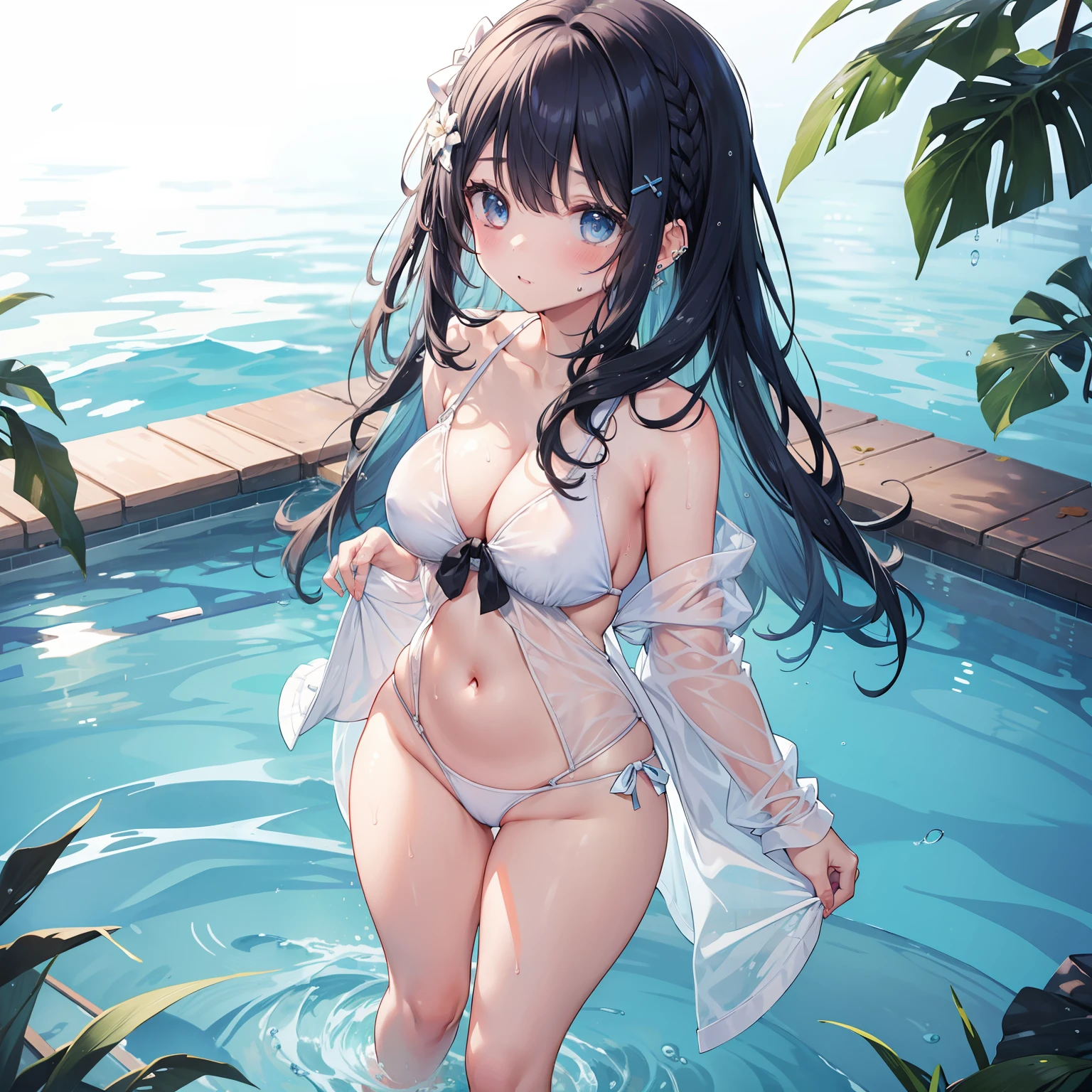 1 Girl, Watery Big Eyes*Sukumizu*Wet Hari*Hair Spread Out*Ear Stud*Swimming Pool, lora:add_detail, big chest, thick legs, big thighs, standing