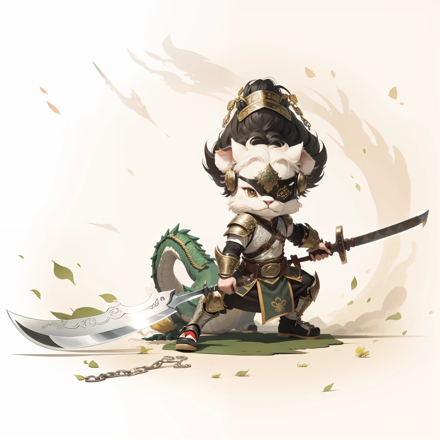 male people,Male characters,tchibi,Bad,Green Dragon Moon Knife,Big knife weapons,The handle has a delicate pattern,Shoulder blades,metal breastplate,chainmail,Animal pattern cuirass,chest plate,Bracers,Flowing hem,China-style,Chinese-style clothing,Chinese shoes,There are beautiful patterns on the weapon grips,Refinement,Fine painting,Refinement,infinite details,high definition detail,Delicate belt,Belt accessories,Male characters,Blindfolds,Black color hair,Patterned,Pattern,Blank background,Bright colors,Metal edging