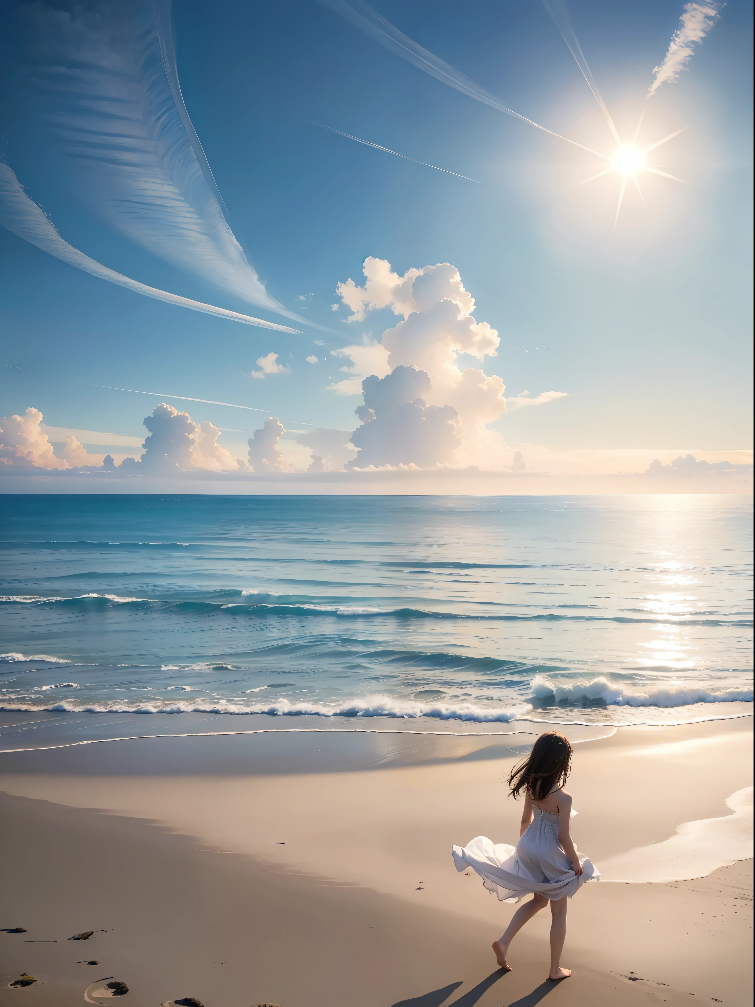 (((hight resolution)))、(in 8K)、 (((ighly detailed)))、(top-quality、masterpiece:1.3)、((sharpnes))、ciinematic light、Full view、Vast sky、the beautiful skyline、Vast sea、Far Horizon、Distant waves、Distant islands々、Into the cloud、 extremely tense and dramatic pictures、the moving visual effects、the morning sun、The sun climbed high、the colorful natural light、White sandy beach、Girl Walking On The Beach、