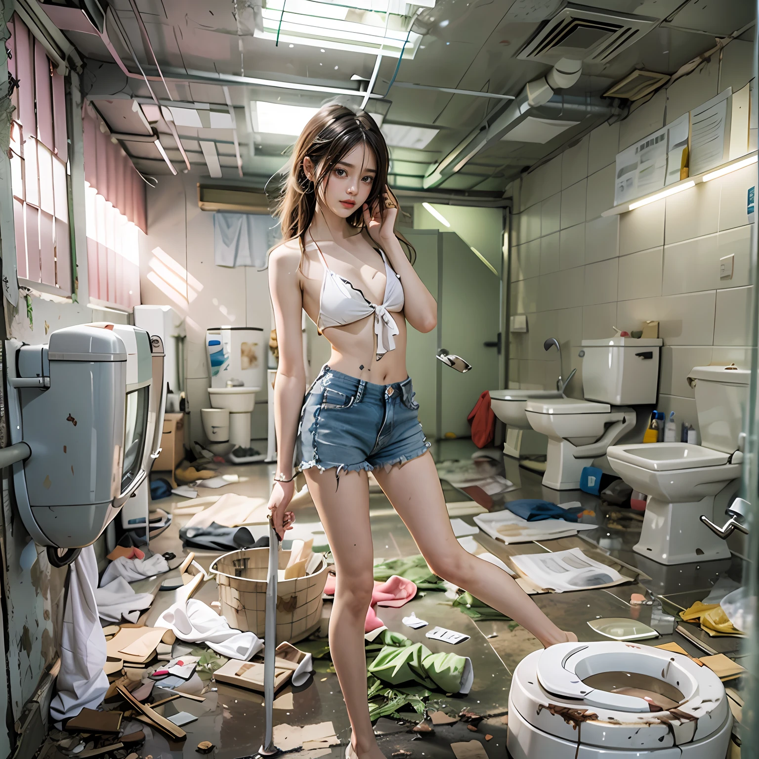 abandoned toilet，Sexy standing pose，Garbage all over the ground，grimy，Dilapidated，Devastated，White transparent bikini，best qualtiy，full-body portraits（1：1），18 years old girls，lean and slender body，Skinny，Smaller bust，The barefoot，exhibitionism，exhibitionists，no clothes are worn，don't have clothes