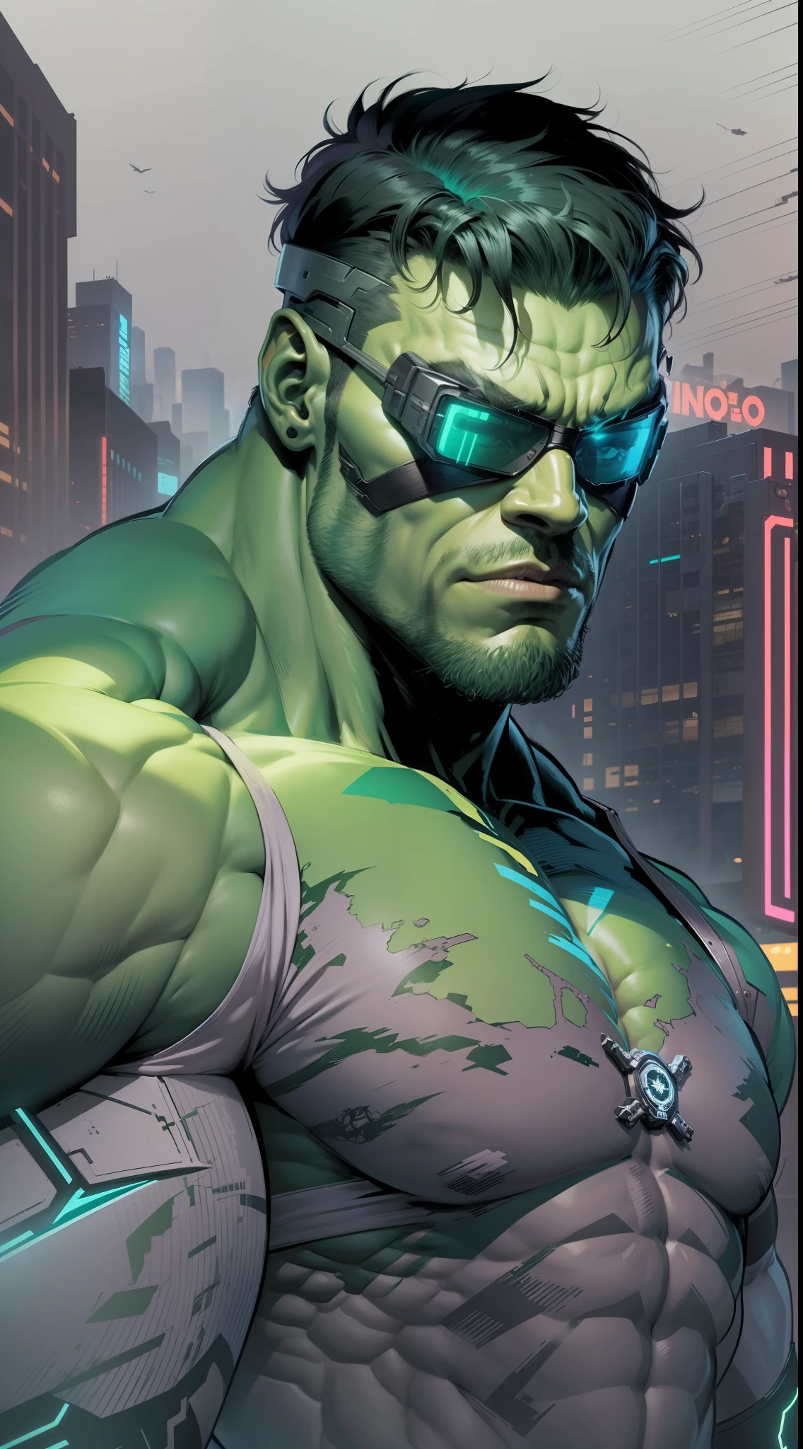 Stunning illustration, Hulk hacker, Hulk furioso, visor en la cabeza, Hulk cyberpunk, (with head-mounted display that is thick and high-tech: 1.2) , purple neon light on monitor, lentes cyberpunk, gafas cyberpunk, Huge muscles,enorme arma sobre sus hombros, agarrando una gran arma, agarrando un enorme revolver sobre sus hombros, cuerpo verde completo, traje exoesqueleto, large muscles,cinturones de cuero.