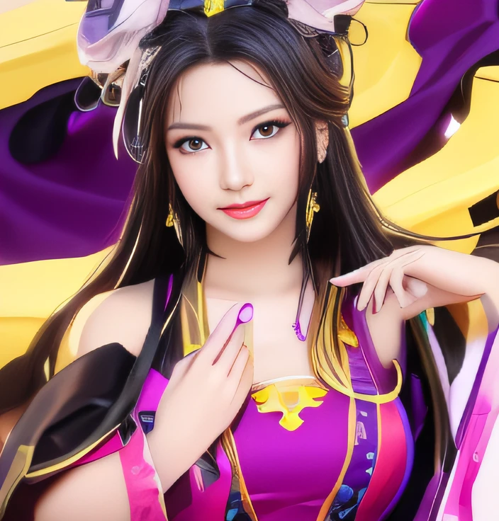 Woman in purple and yellow dress、A dark-haired