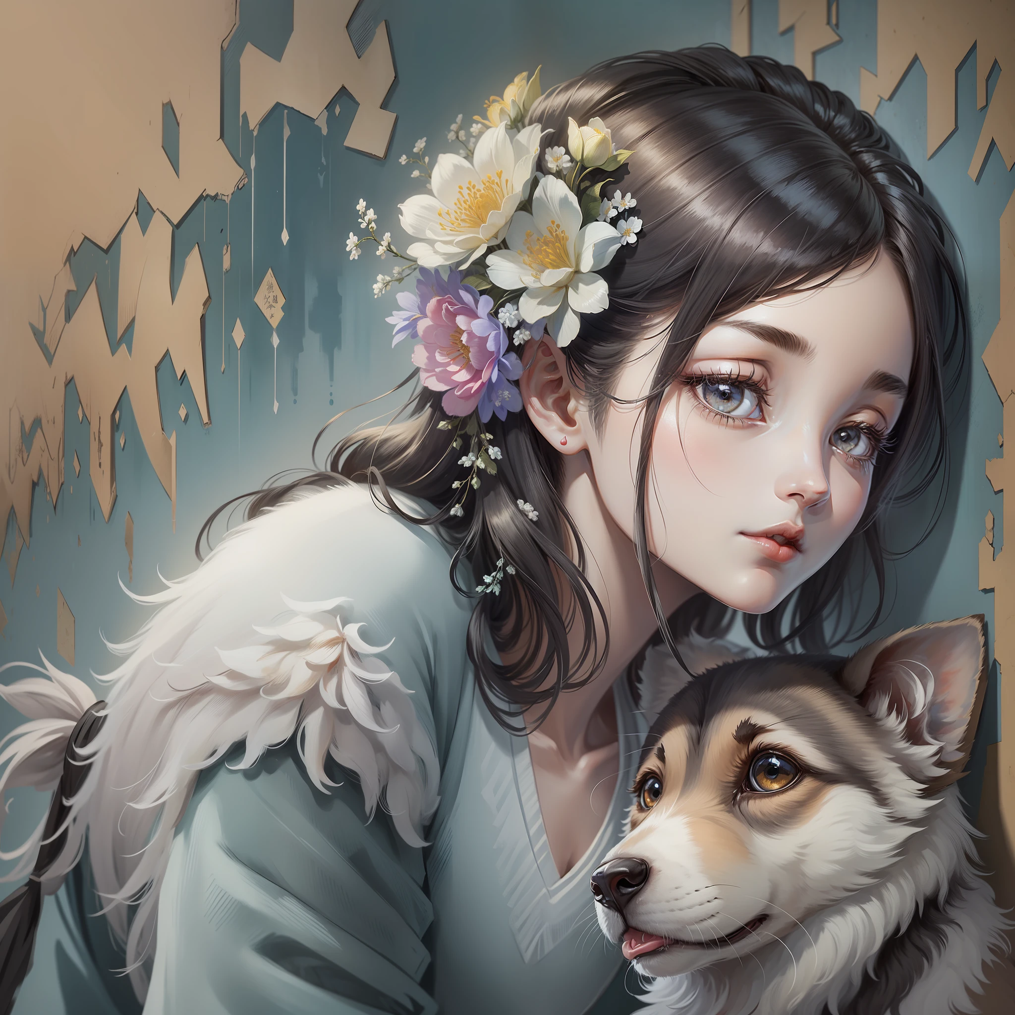 (tmasterpiece、Need、ultra-delicate、A high resolution),(Portrait on the wall、wall paintings、Sense of historical obsolescence:1.5、Wall cracks:1.5),Portrait of a puppy,flower sea,(Portrait on the wall、wall paintings、Sense of historical obsolescence:1.5、Wall cracks:1.5)