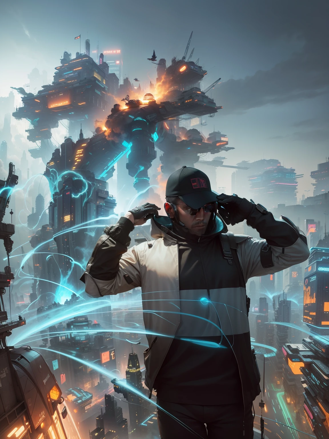 a sci-fi vehicle levitating above a futuristic city street change background cyberpunk
