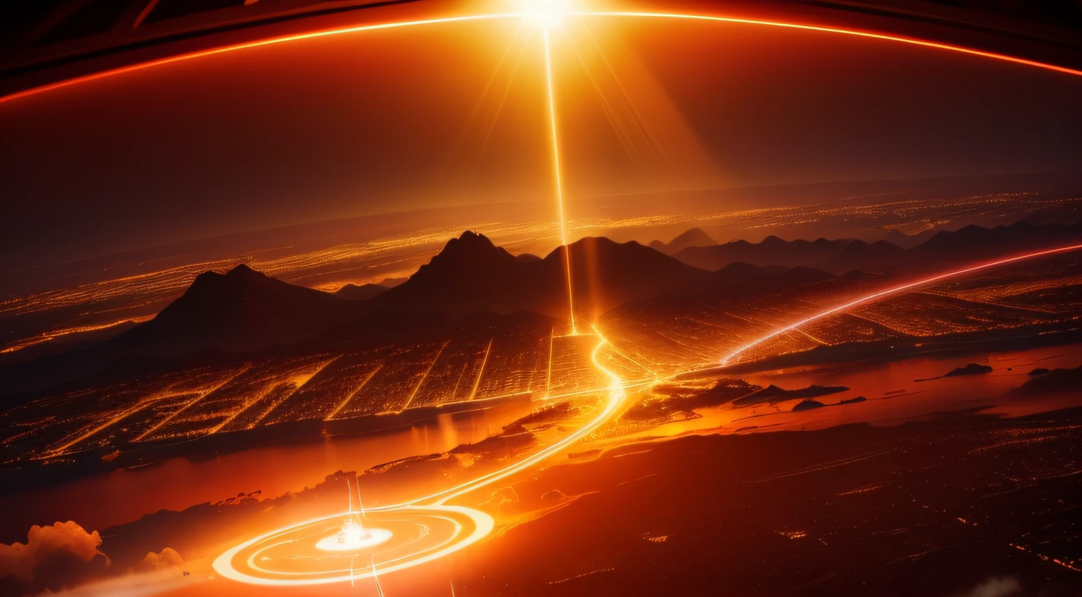 Bright red basemap,halo effects,The golden city,Faraway view,There is a yellow light shining in the back,high-quality picture