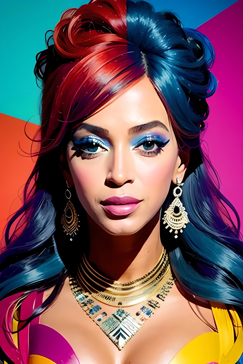 Abstract art that uses overlapping colored shapes to create a portrait of singer Beyoncé. The look should be inspired by the unique painting styles found in cubism, with an emphasis on texture and intricate details, including hand-drawn fonts, organic flourishes around the eyes, Bochechas.