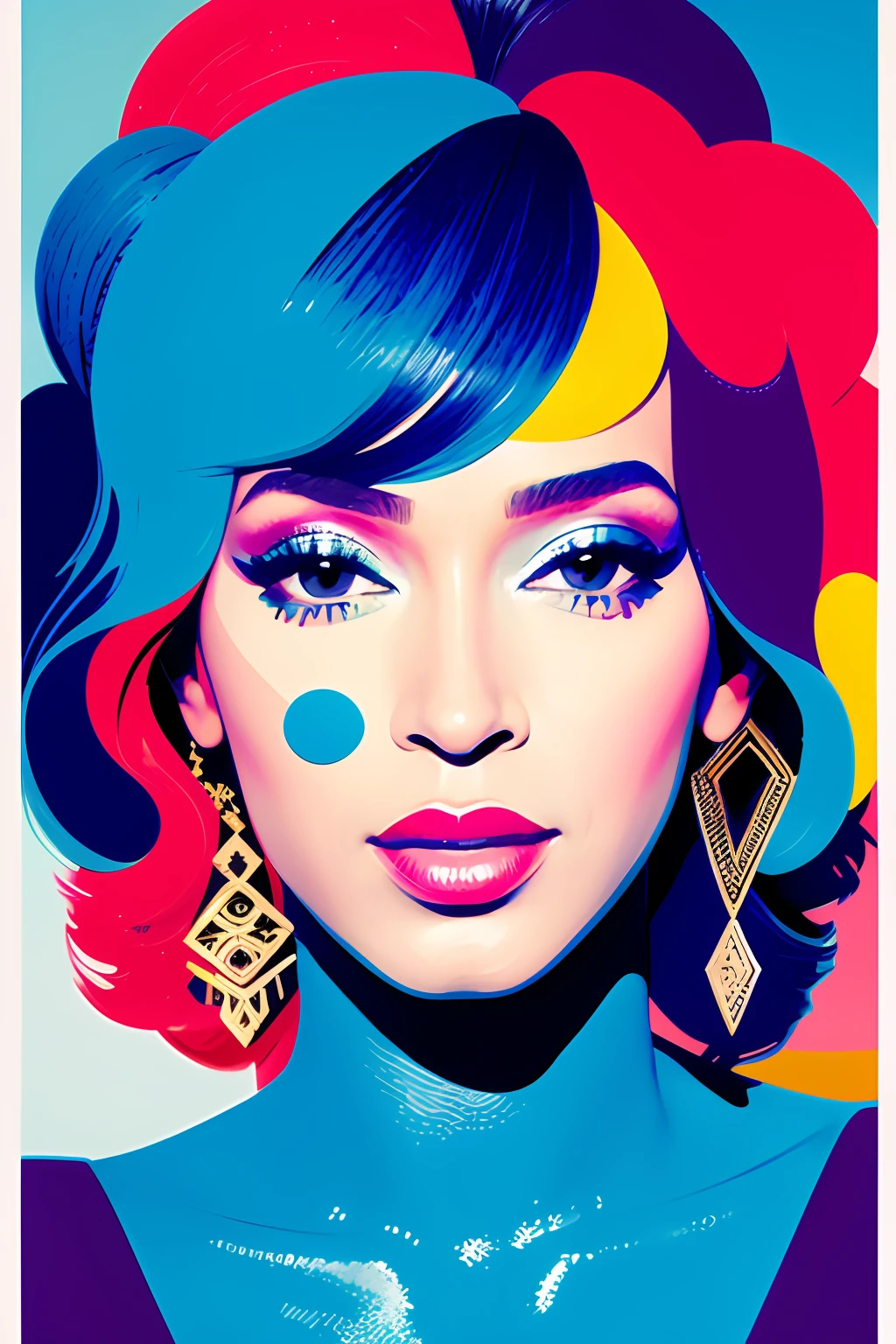 Abstract art that uses overlapping colored shapes to create a portrait of singer Beyoncé. The look should be inspired by the unique painting styles found in cubism, with an emphasis on texture and intricate details, including hand-drawn fonts, organic flourishes around the eyes, Bochechas.