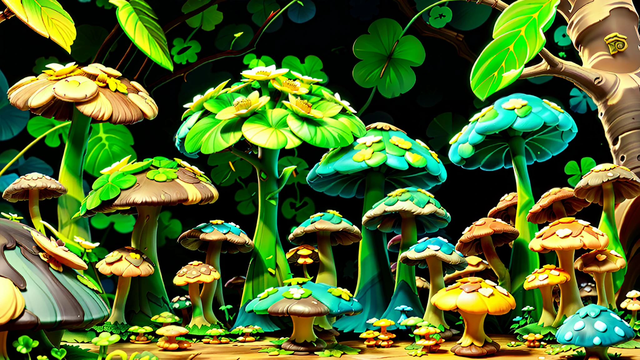 Mushroom forest,butterflys,lotuses,four-leaf clover,Cyber Mushroom Forest,Ultra-detailed digital fantasy art。Mushrooms are everywhere in the picture,The unique mushroom shape creates a magical casa scene