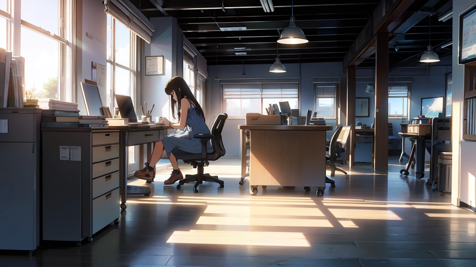 A long-haired girl,Long light blue dress on the side,Canvas shoes on his feet,Sitting at your desk,Text from your phone