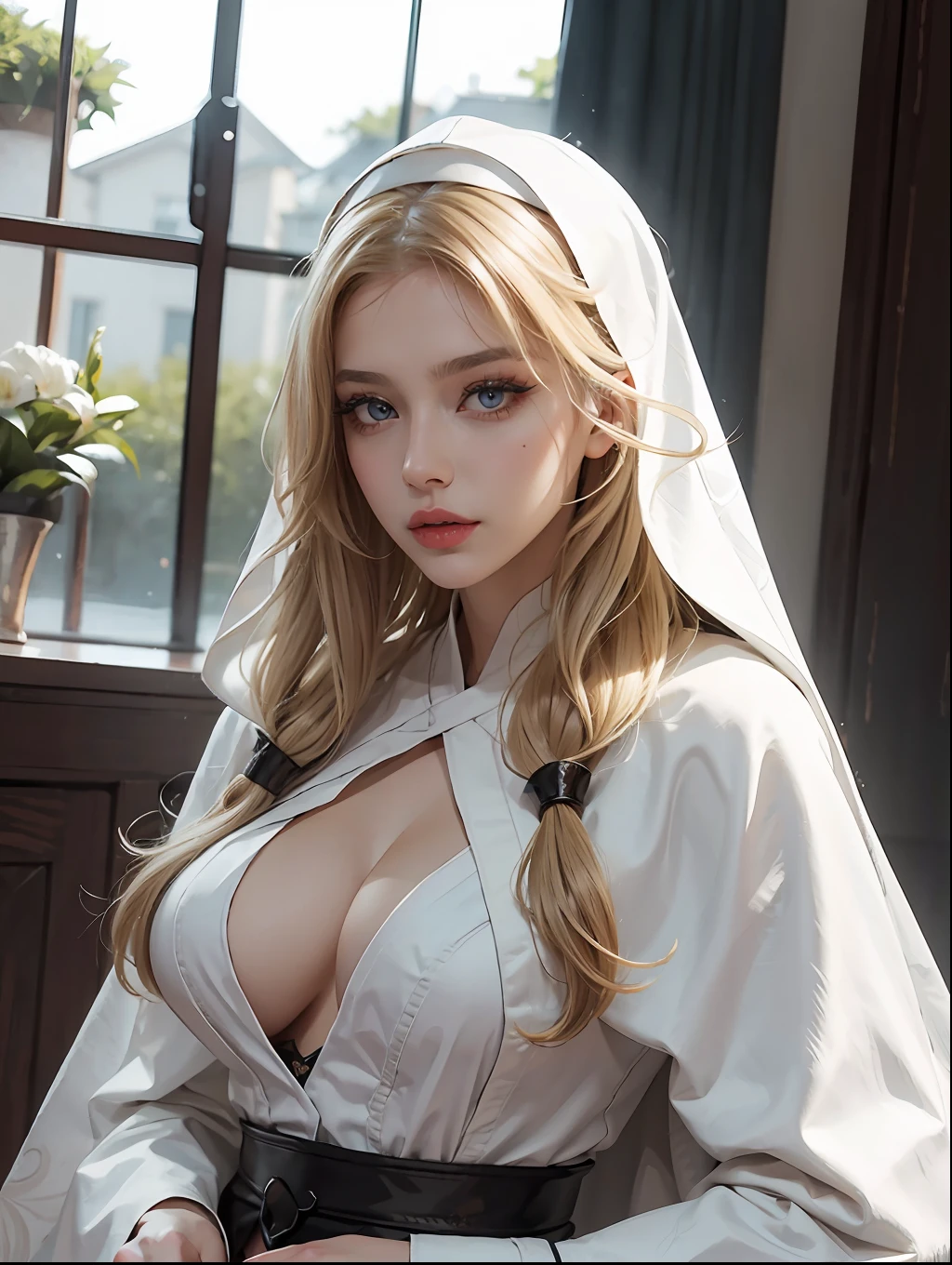 （tmasterpiece：1.2）， （best qualtiy：1.2）， perfect  eyes， s the perfect face， Volumetriclighting， 1girll， Full-fledged warrior nun， A MILF， Exposed armor， Exposed robes， blond hairbl， pauldrons， The sword， obi strip， stern expression， fanciful， exteriors， detailed back ground， putting makeup on， lipsticks， eye shadows， mascara， thick eyeslashes