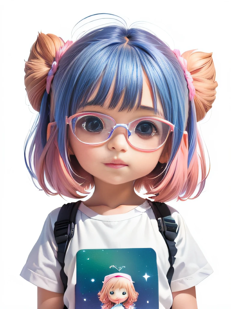A full of imagination and curiosity, various poses and exprecations on white background, children's book inlustration style, simples, fofa, 6 anos, cores de cabelo rosa e azul, camiseta verde, shots branco, sem cinto, com oculos, sem livro, sem mochila