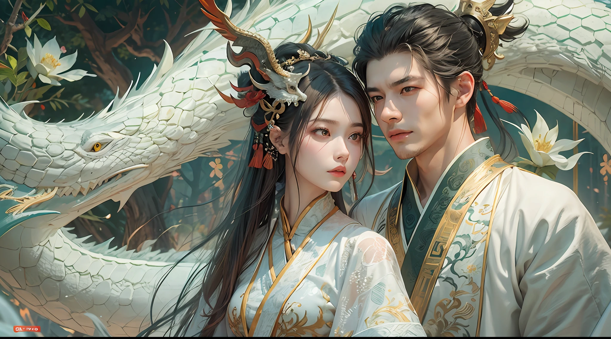 Close-up of a young couple wearing a white dragon dress on their heads，Chinese fantasy，beautiful digital artworks，Ross Tran 8 K，xianxia fantasy，Fenghua Bell，Chinese style，Dragon-inspired cloth robe，Ross Tran和Wlop，