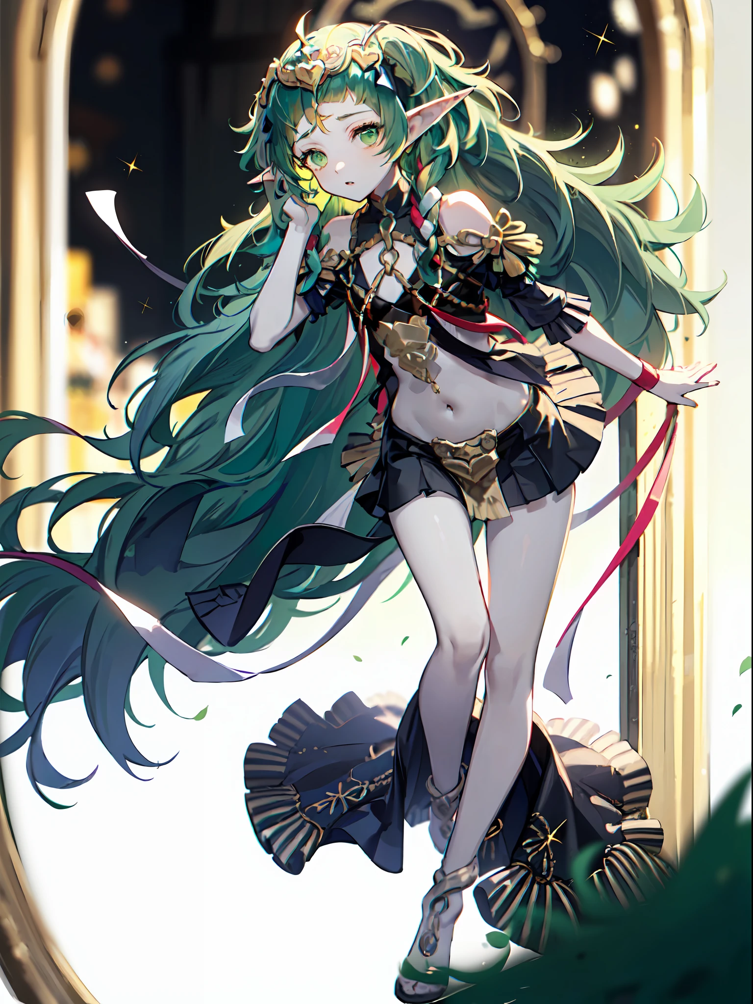 ((masterpiece)), ((pale skin)), (bokeh effect), (dynamic angle), (blurry background:1.3), sharp eyes, (solo:1.2), (female:1.1), (light green hair:1.3), long hair, (messy hair:1.3), (elf ears:1.1), green eyes, (bare shoulders:1.1), navel, skirt
