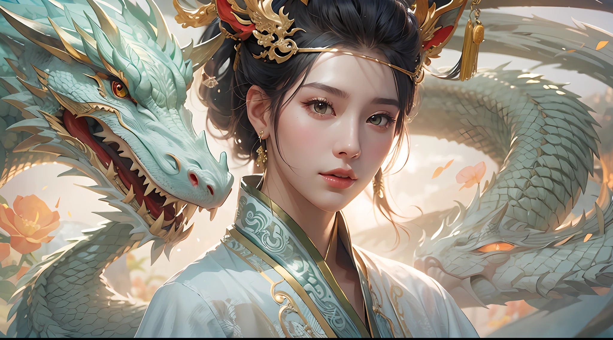 Close-up of a young couple wearing a white dragon dress on their heads，Chinese fantasy，beautiful digital artworks，Ross Tran 8 K，xianxia fantasy，Fenghua Bell，Chinese style，Dragon-inspired cloth robe，Ross Tran和Wlop，