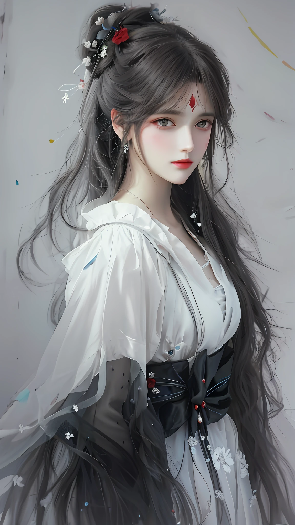 A painting of a woman with long hair in a white dress,Belle peinture de personnage,With red flowers on the head,The eyes are more symmetrical points,Near big far small