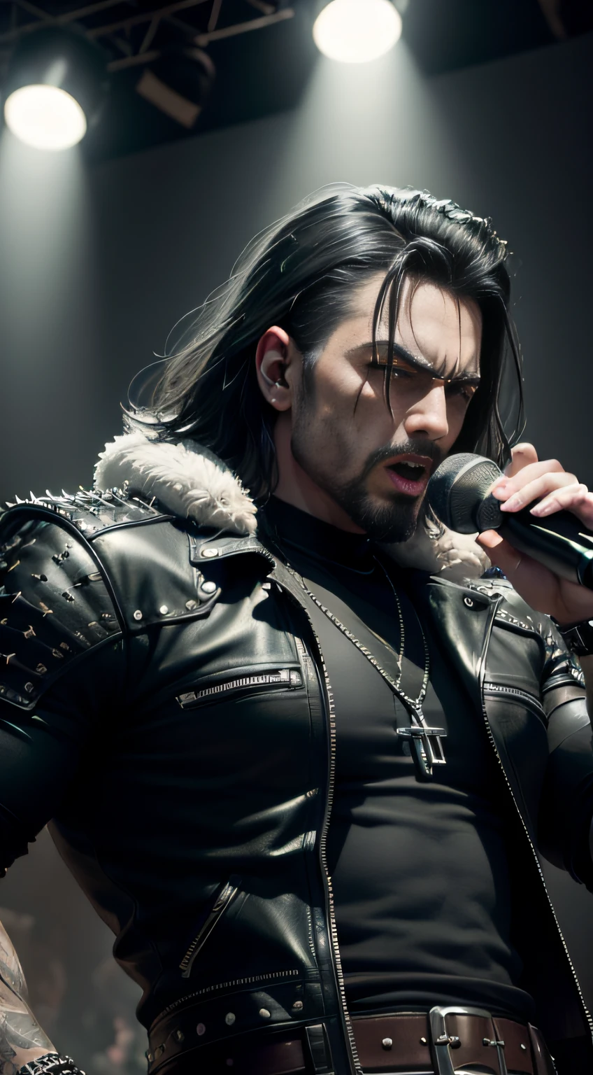Heavy metal music style,Metal music,Heavy metal music,Rock music,r&b,Middle-aged male image,Dark style,Death metal music,Hardcore metal music,, Natural skin texture, 24mm, 4K textures, Soft cinematic light, Adobe Lightroom, photolab, hdr, Intricate, Highly detailed, Sharp focus, ((((Cinematic look)))), soothing tones, insanely details, Intricate details, ultra - detailed, Low contrast, Soft cinematic light, dim colors, exposure blend, hdr, Epic reality, cinematic ligh, dramatics, pastelcolor, mediating, art stations, Concert,Rock stars attract,studded leather jacket,Masterpiece, Best quality,Photo, Realistic, Sharp focus, extreme hight detail, light fixtures, The muscle man yells into the microphone on stage, lamp lights, Ratchet speakers, Rock stars attract,posing on a, Angry,Leather Jean, belt, Chains, shoulder pad, Gorgeous rock style