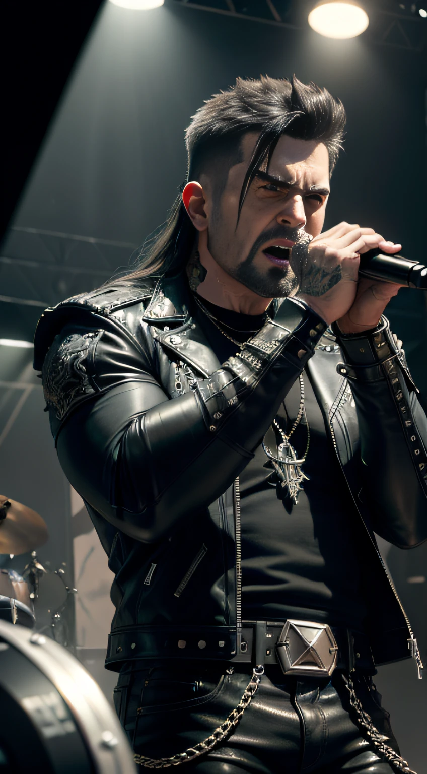 Heavy metal music style,Metal music,Heavy metal music,Rock music,r&b,Middle-aged male image,Dark style,Death metal music,???????? metal music,, Natural skin texture, 24mm, 4K textures, Soft cinematic light, Adobe Lightroom, photolab, hdr, Intricate, Highly detailed, Sharp focus, ((((Cinematic look)))), soothing tones, insanely details, Intricate details, ultra - detailed, Low contrast, Soft cinematic light, dim colors, exposure blend, hdr, Epic reality, cinematic ligh, dramatics, pastelcolor, mediating, art stations, Concert,Rock stars attract,studded leather jacket,Masterpiece, Best quality,Photo, Realistic, Sharp focus, extreme hight detail, light fixtures, The muscle man yells into the microphone on stage, lamp lights, Ratchet speakers, Rock stars attract,posing on a, Angry,Leather Jean, belt, Chains, shoulder pad, Gorgeous rock style