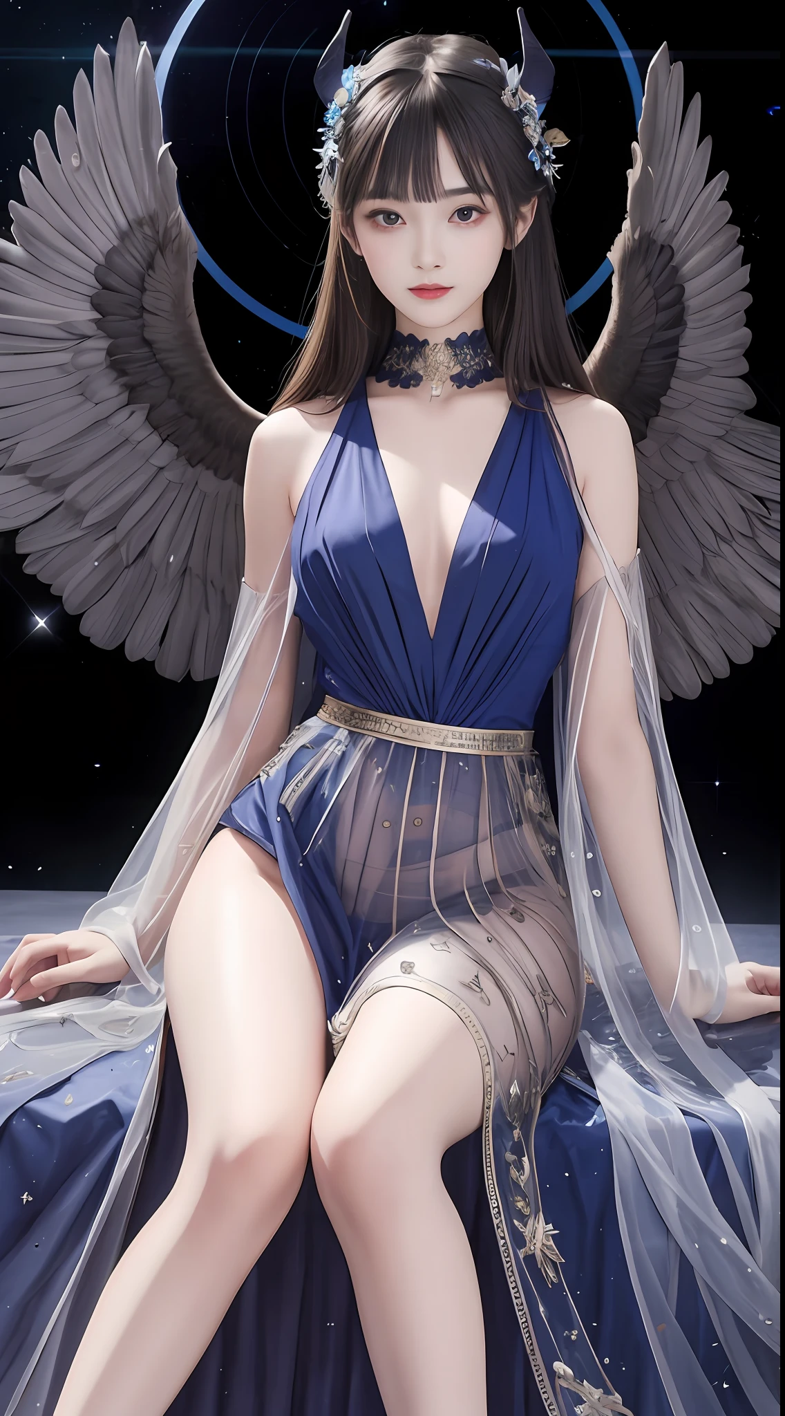 Ultra-realistic 8K, perfect face, perfect, clean, masterpiece, professional artwork, famous artwork, perfect face, beautiful face, beautiful eyes, dark blue cleric suit, lace, open brests, beautiful dark blue clothes, black devil wings, delicate pattern,sitting pose, Fascinating, galactic space background, big moon in the back, flapping wings