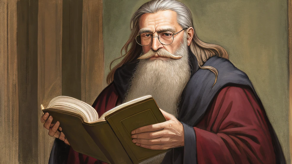 Old hermit with a book in his hand,  wearing a sage glasses bearing long hair and a large beard.